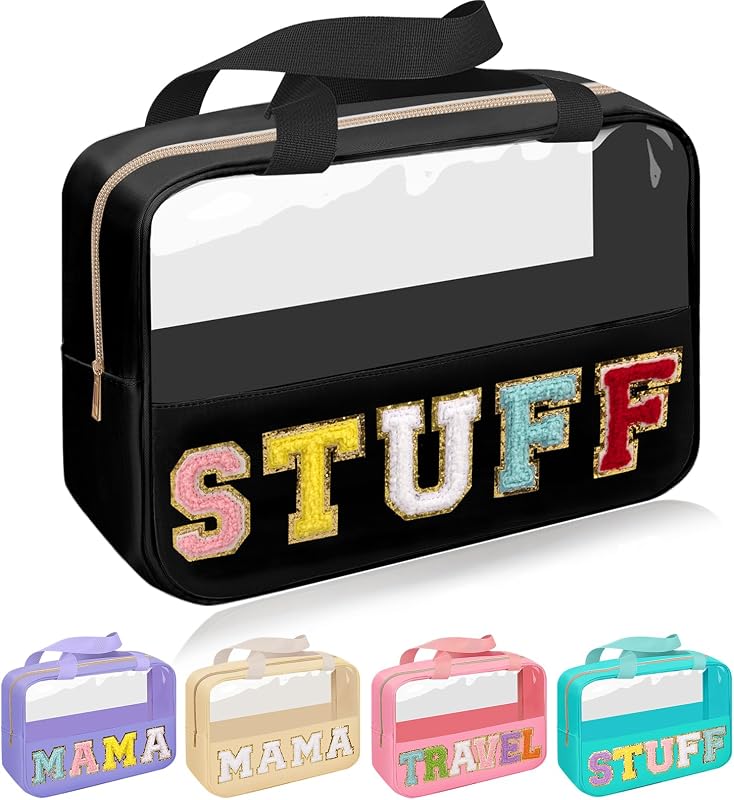 Necessaire transparente Iqimott com estampa chenille Stuff, zíper e alça — Stuff-Black