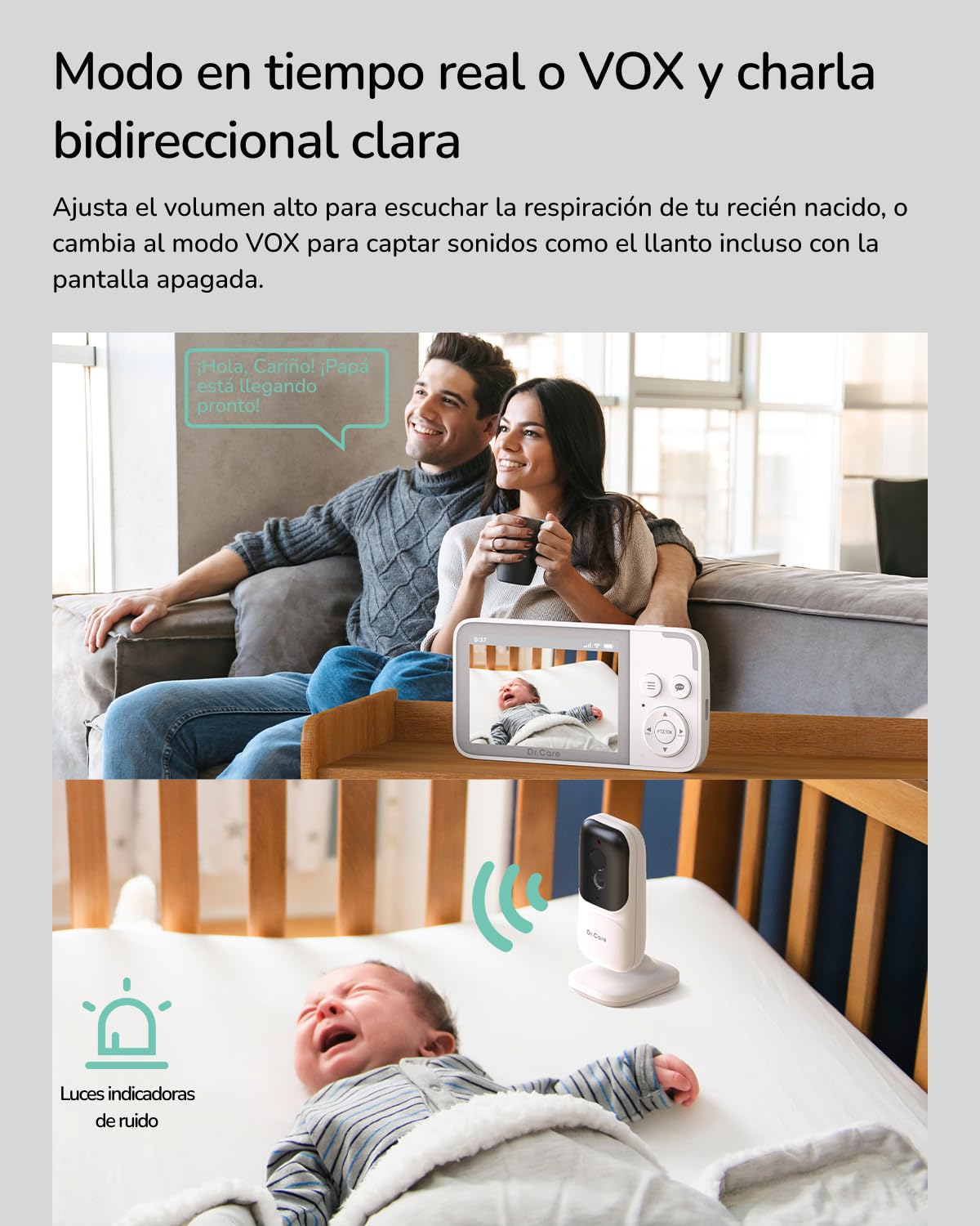 Dr.Care NeoView - Cámara de vídeo con 2 cámaras - Pantalla de 3,5", Audio bidireccional, grabación en Bucle, visión Nocturna, VOX, Sensor de Temperatura, cunas, sin Wi-Fi, 128 GB