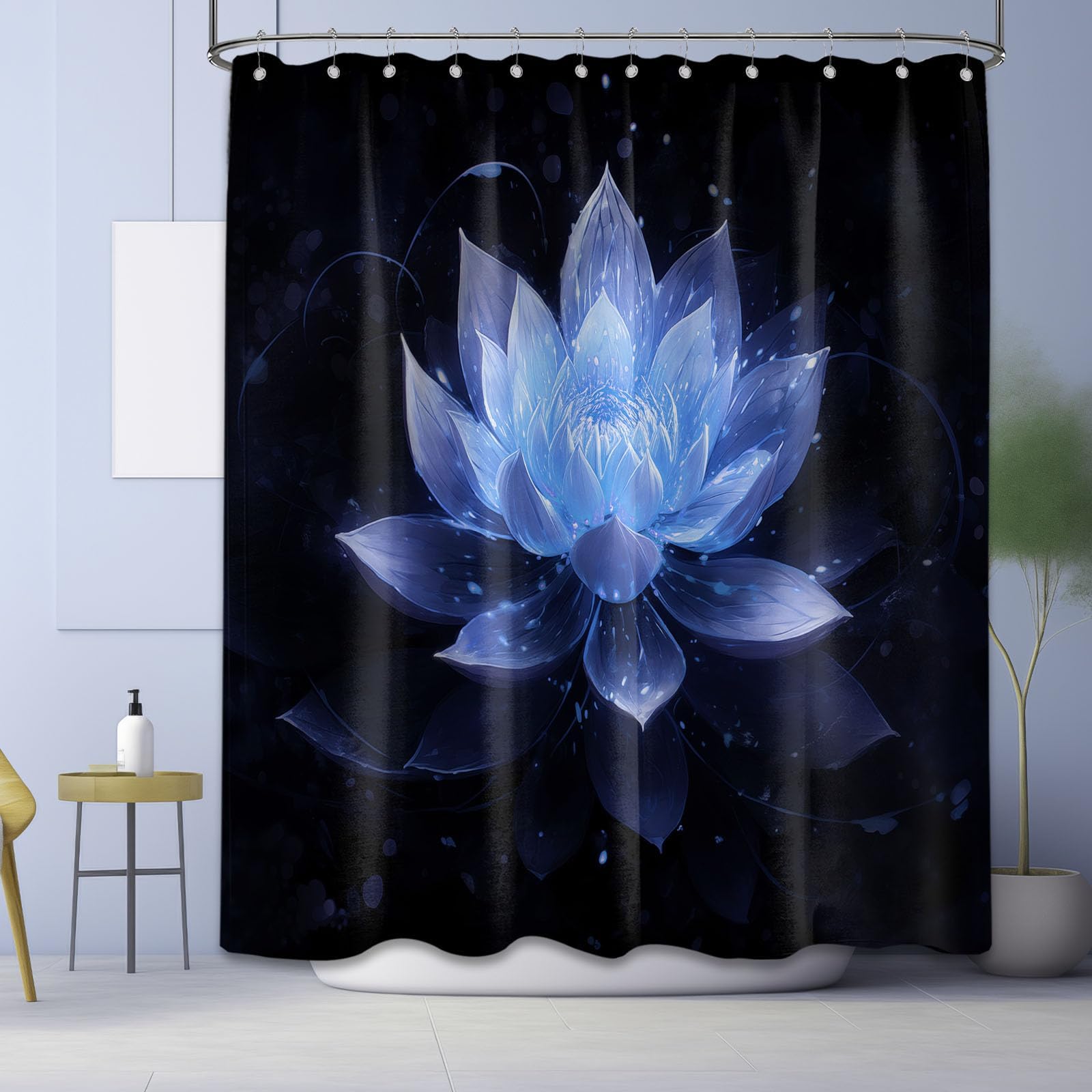 LanZanthic Lotus Shower Curtains for Bathroom Black and Blue Floral Spa Zen Wet Room Shower Curtain with hooks, Mould Proof Resistant, Waterproof, Washable, Fabric, 180 x 200 cm