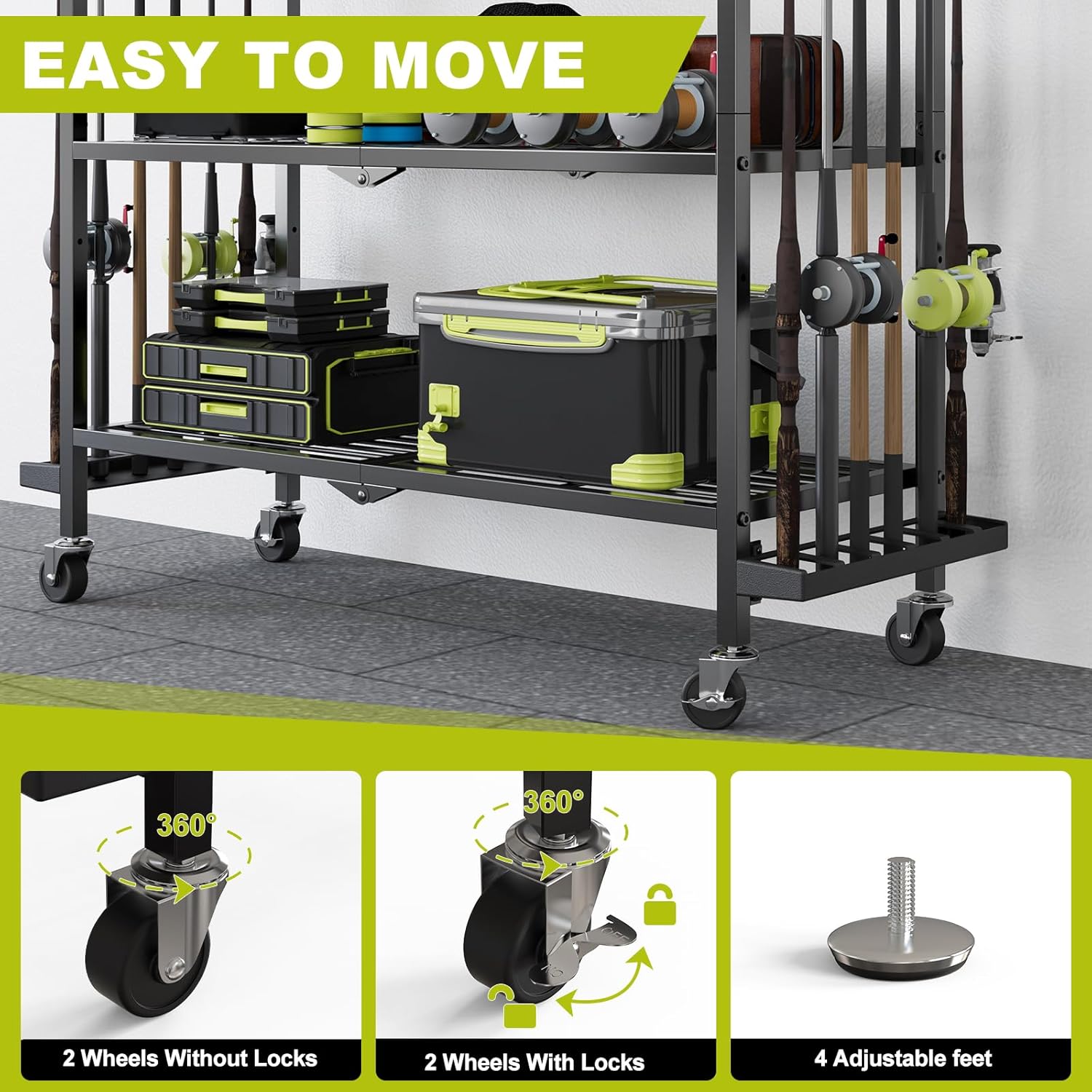 Fishing Rod Holders for Garage, Fishing Rod Stand with Wheels and Pegboard, 3-Tier Pole Storage Rack with 12 Rod Slots, Ideal for Tackle, Backpacks, and Gear Black