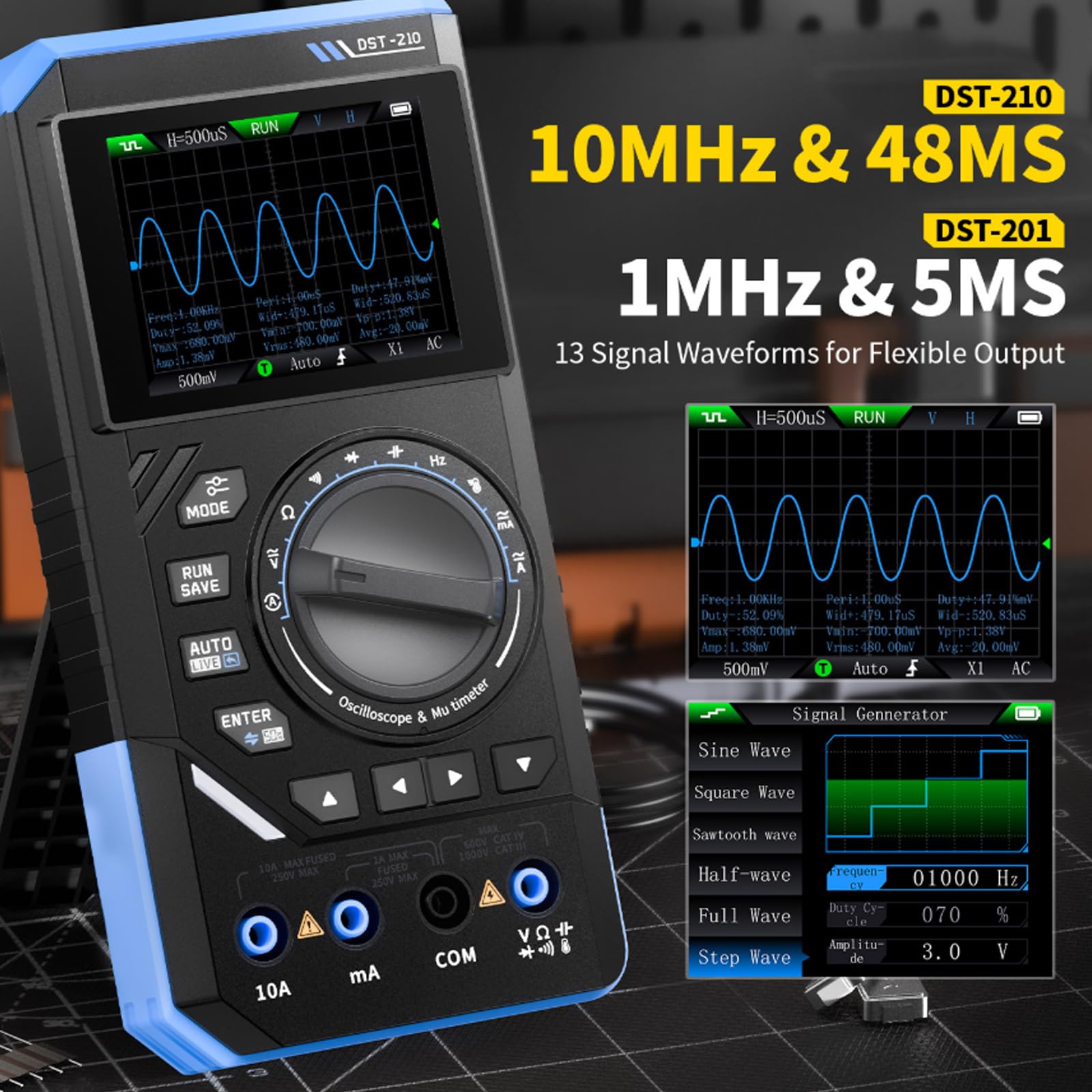 DST-210 Handheld Oszilloskop, 3 in 1 Digital Multimeter 10MHz Bandbreite Oscilloscope 48MSa/s Abtastrate 19999 Zählimpulse 2.8'' TFT Signalgenerator AC/DC Spannungstest Kondensator Widerstand Diode