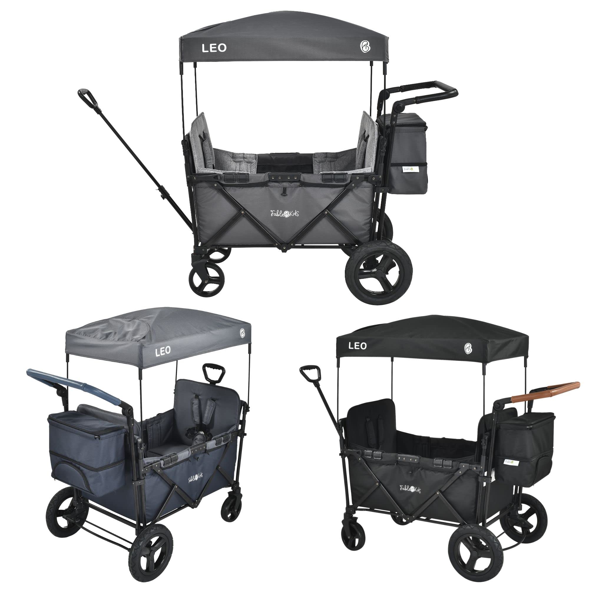 AREBOS FableKids Chariot Leo X2Plus avec Toit | de Transport Pliable supporte jusqu'à 20 kg par siège Harnais 5 Points Roues Tout-Terrain 360° Frein à Pied Toile Oxford 600D Gris fossile FA-HE-SW2LUA