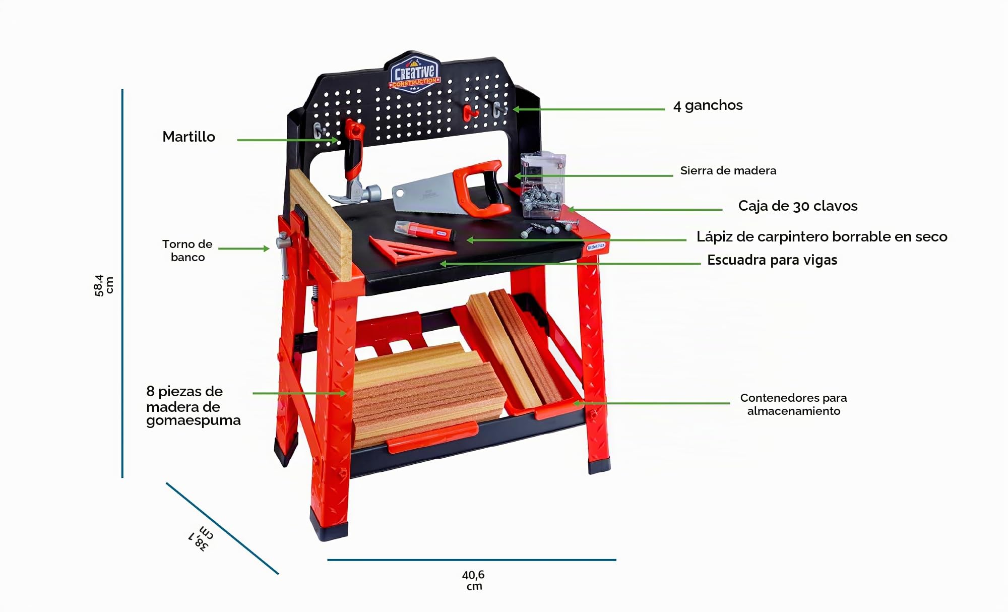 Little tikes Creative Construction Workbench - Incluye Más de 15 Accesorios, Juego de Construcción para Niños y Niñas Mayores de 3 Años