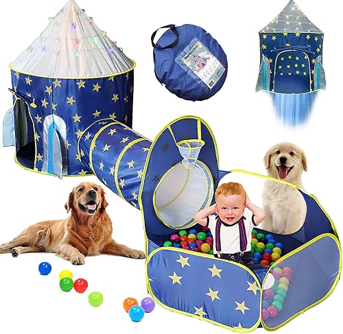 LimitlessFunN Tienda de campaña desplegable para niños, túnel de gateo, pozo de bolas, incluye luces de estrellas y estuche de transporte, castillo