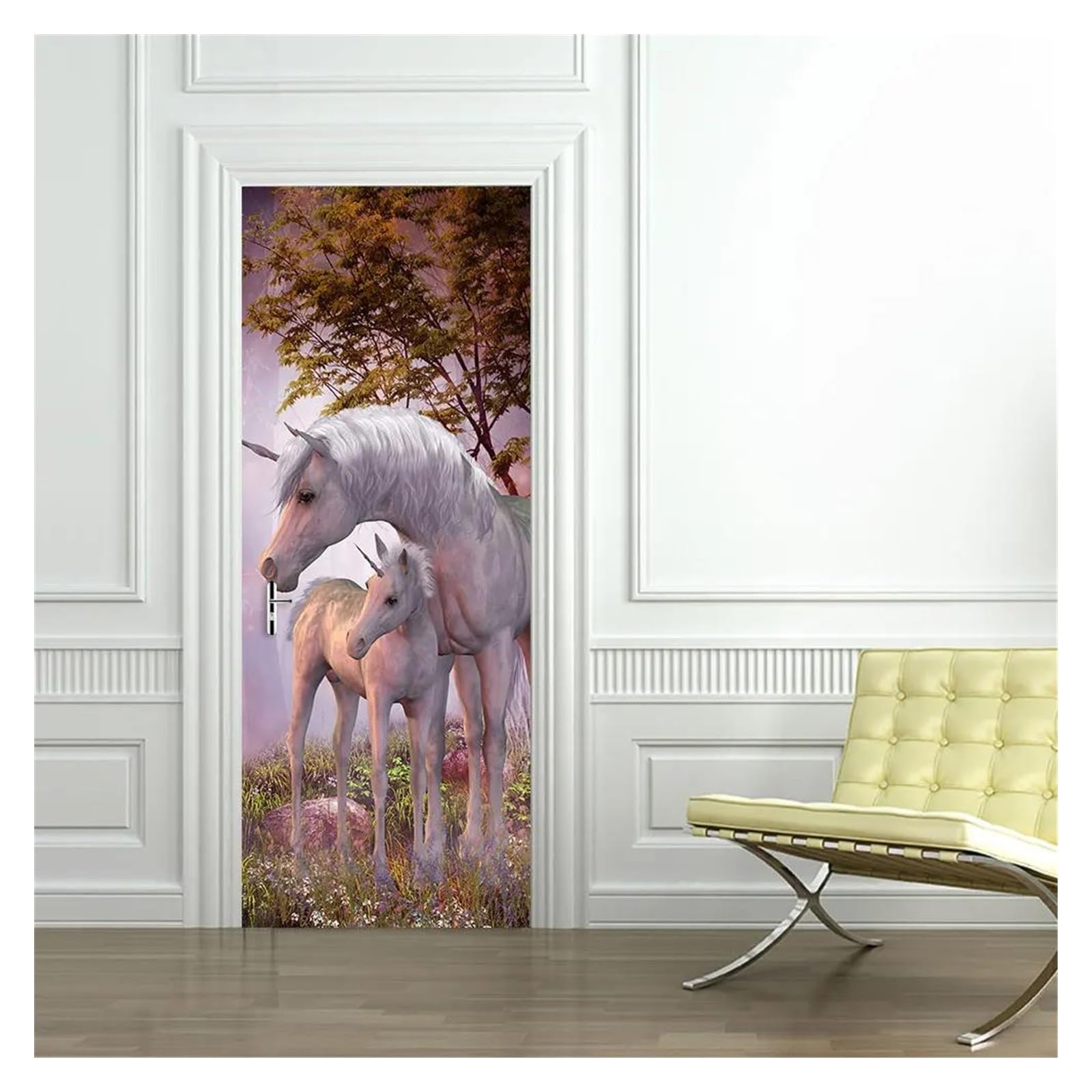 Sticker de porte licorne forêt magique pour décorer le salon