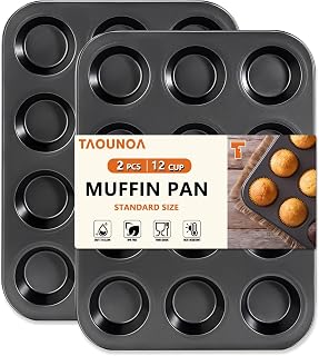 TAOUNOA Nonstick Muffin Tin Set of 2 - 12 Cup Heavy Duty Carbon Steel Cupcake Pans, Warp-Resistant, Dishwasher Safe