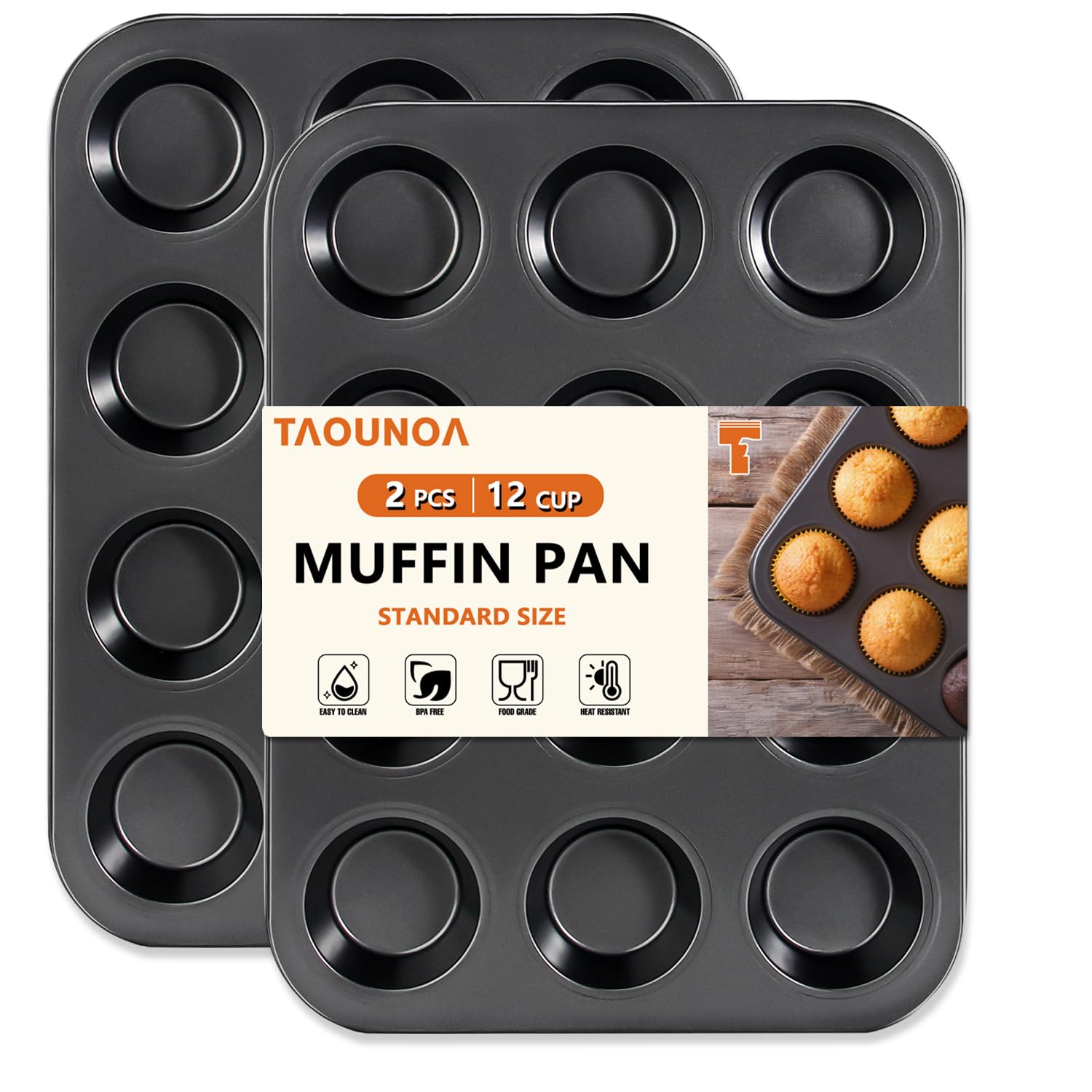 TAOUNOA Muffin Tin, 12-Well Nonstick Cupcake Pan Set of 2, Heavy Duty Steel Muffin Pan