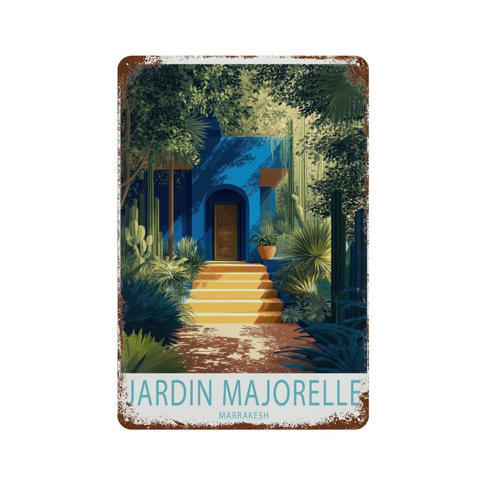 xiaoxiaoshen Jardin Majorelle Marrakech Travel Garden Blue Oasis Morocco Wall Decor Art Metal Tin Poster Modern Home Decor Art Home Bar Shop Decorations Vintage Sign 30x20cm