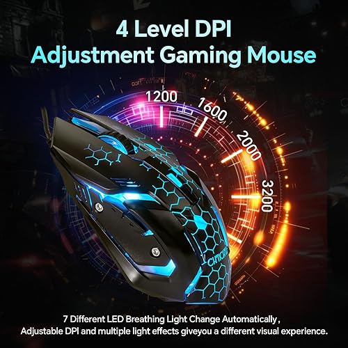 Miniatura 7 de CHONCHOW Combo de teclado y mouse para juegos, retroiluminación RGB con cable USB, teclado anti-ghosting de sensación mecánica 3200DPI, mouse