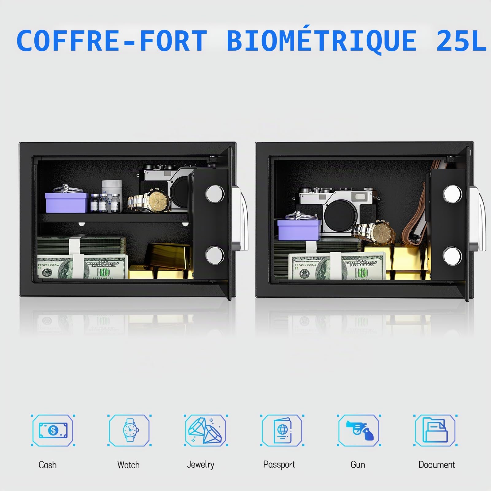 WASJOYE 25L Coffre-Fort d'Empreinte Digitale, Biométrique Armoire Coffre-Fort à Domicile avec Clés, Electronique Automatique avec Identification des Doigts pour la Maison, le Bureau, l'Hôtel