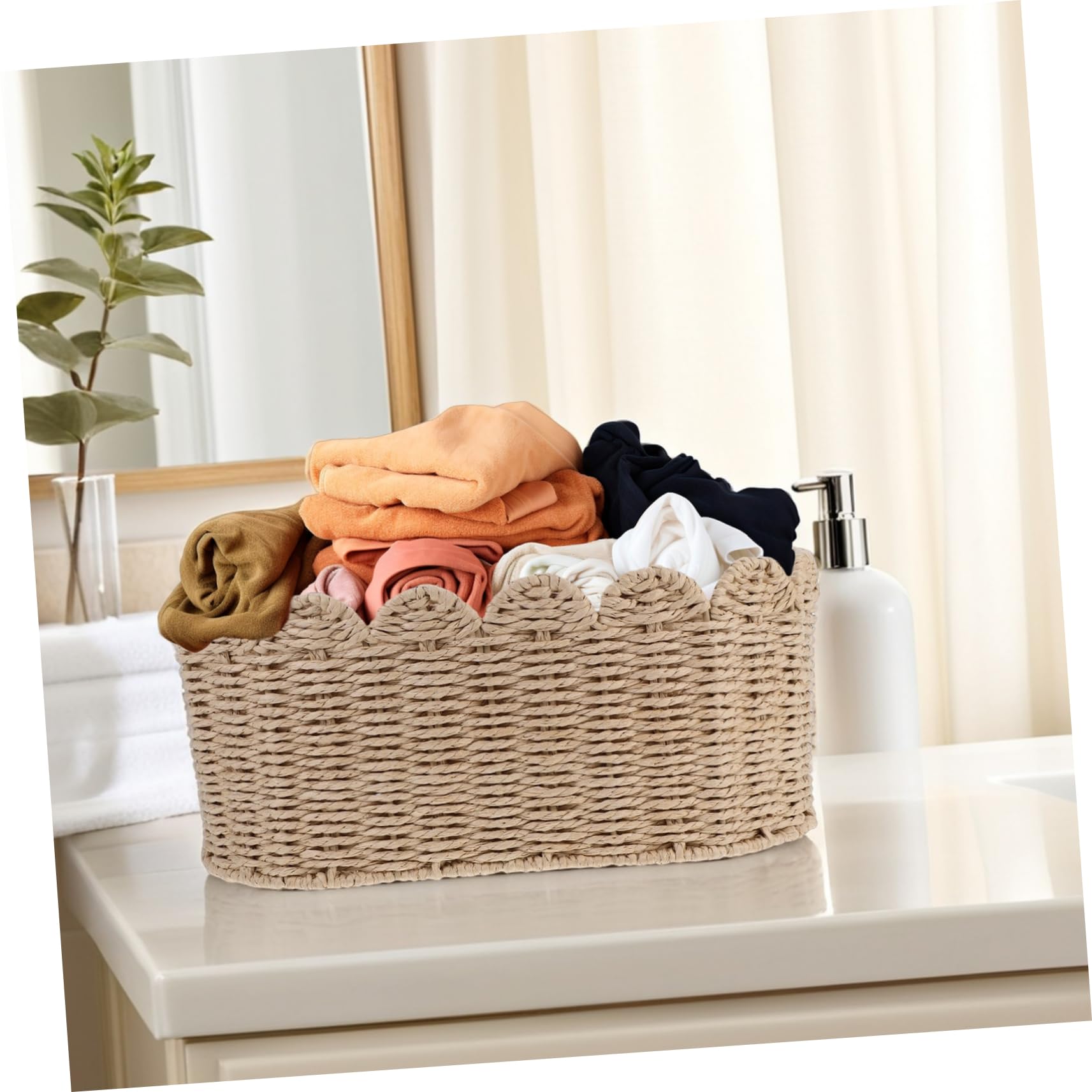 Luxshiny Eleganter Aufbewahrungskorb aus Papierseil mit Eisenrahmen Multifunktional für Kinderzimmer und Badezimmer Kleiner Geflochtener Korb mit Fächerförmigem Rand