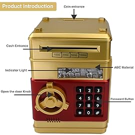 Suliper Electronic Piggy Bank Code Lock for Kids Baby Toy, Mini ATM Safe Coin Cash Banks Real Money Saving Box with Password, Auto Money Scroll for Children,Boys Girls Birthday Gift (Gold)