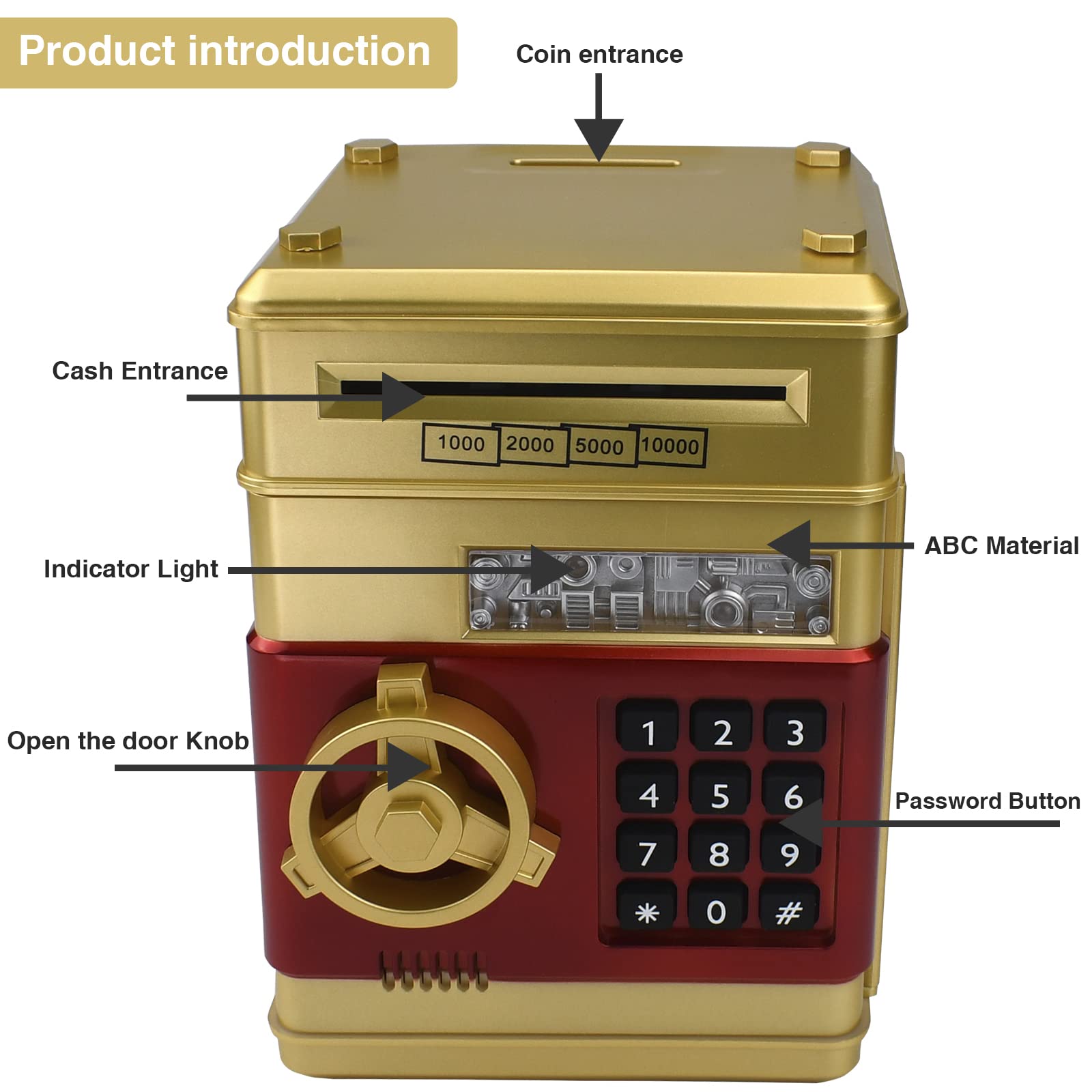 HUSAN Salvadanaio Elettronico per Bambini, Password Salvadanaio Mini ATM Piggy Bank Giocattolo Regalo di Compleanno per Bambini (Oro-)