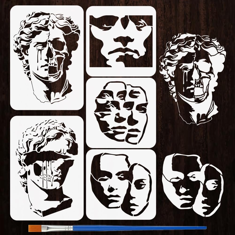 FINGERINSPIRE 5PCS Abstract Skull and Face Painting Stencils with Paint Brush 2 Sizes Human Face Drawing Template DIY Crafts Abstract Statue Stencil Character Theme Template for Fabric Decoration