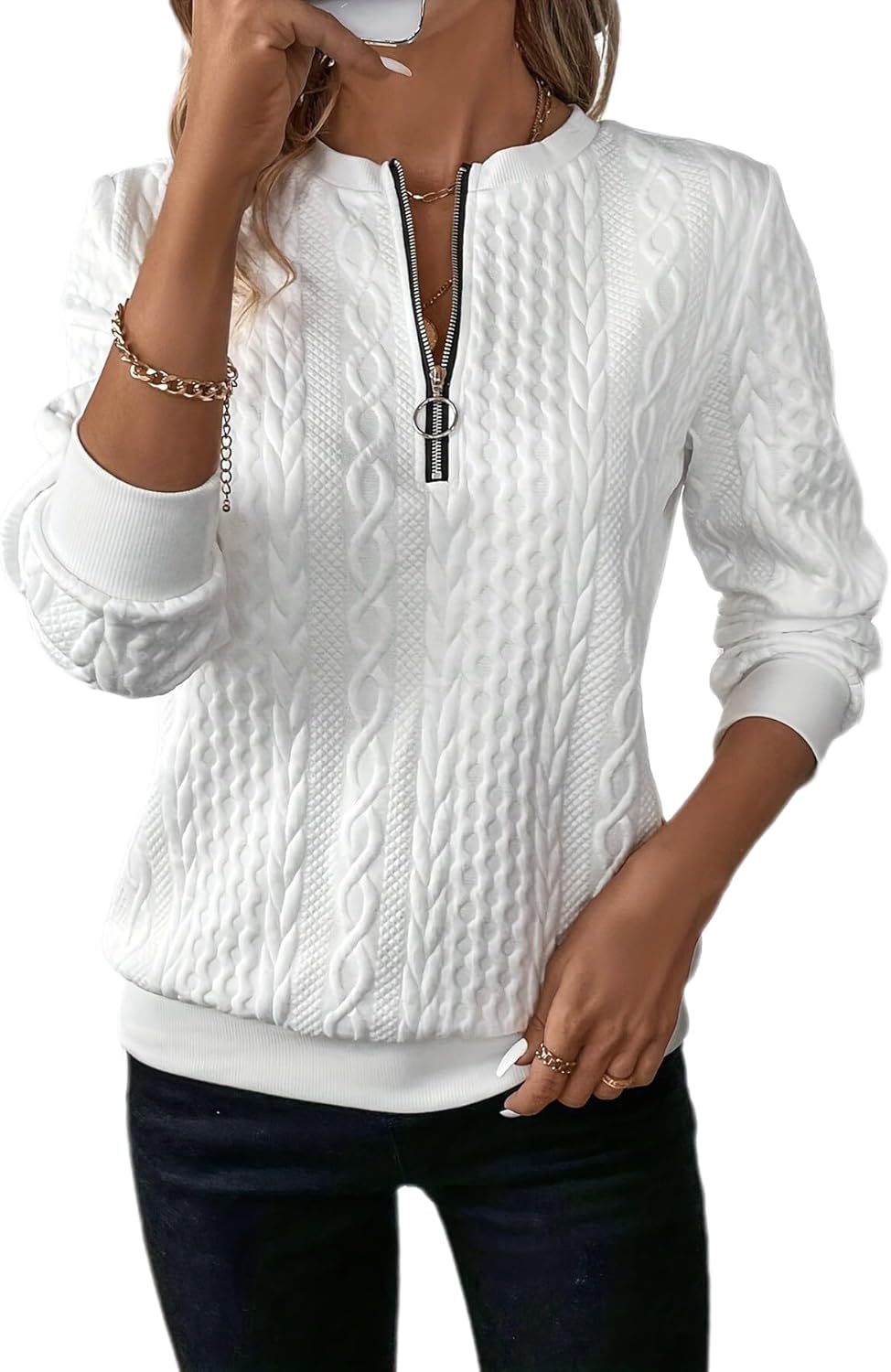 Melliflo Women's Quilted Sweatshirts Zipper Neck Long Sleeve Textured Solid Casual Loose Fashion Fall Pullover Tops