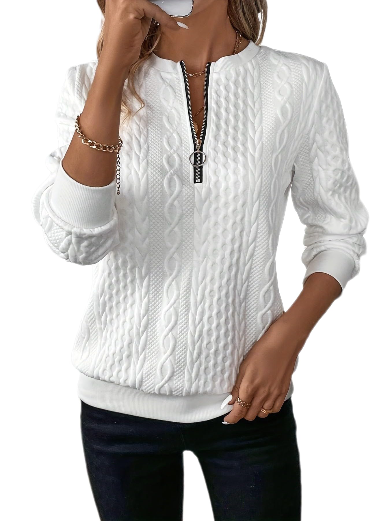 Melliflo Women's Quilted Sweatshirts Zipper Neck Long Sleeve Textured Solid Casual Loose Fashion Fall Pullover Tops