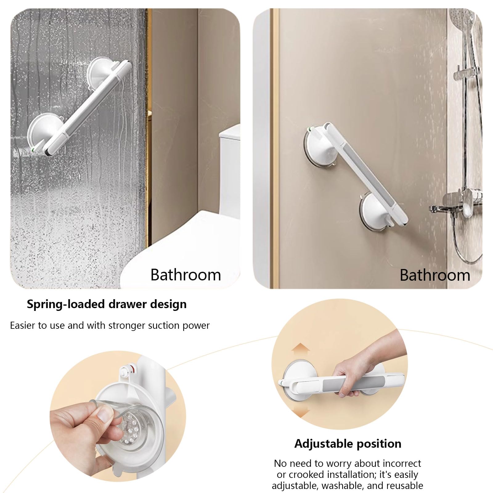 Générique 2pcs Ventouse de Poignée Douche,Poignée Ventouse pour Salle de Bain,Barre d'Appui Murale avec Ventouse pour Salle de Bain/WC, Support jusqu'à 110 KG,Gris,2 Pack