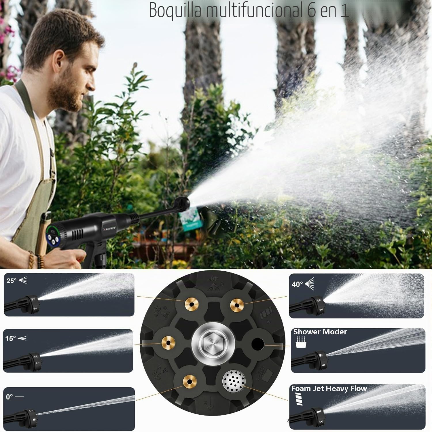 Hidrolimpiadora Bateria de 3 velocidades máx 18V 200 bar/2900 PSI | portatil pistola de agua a presión con Boquilla Ajustable 6 en 1press and clean de para Coche