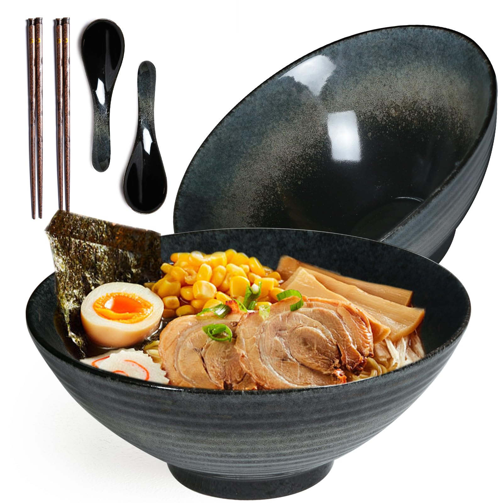 Lot de 2 bols à ramen en céramique avec baguettes et cuillères de style japonais rétro en porcelaine, 1200 ml, passent au micro-ondes et au lave-vaisselle, noir