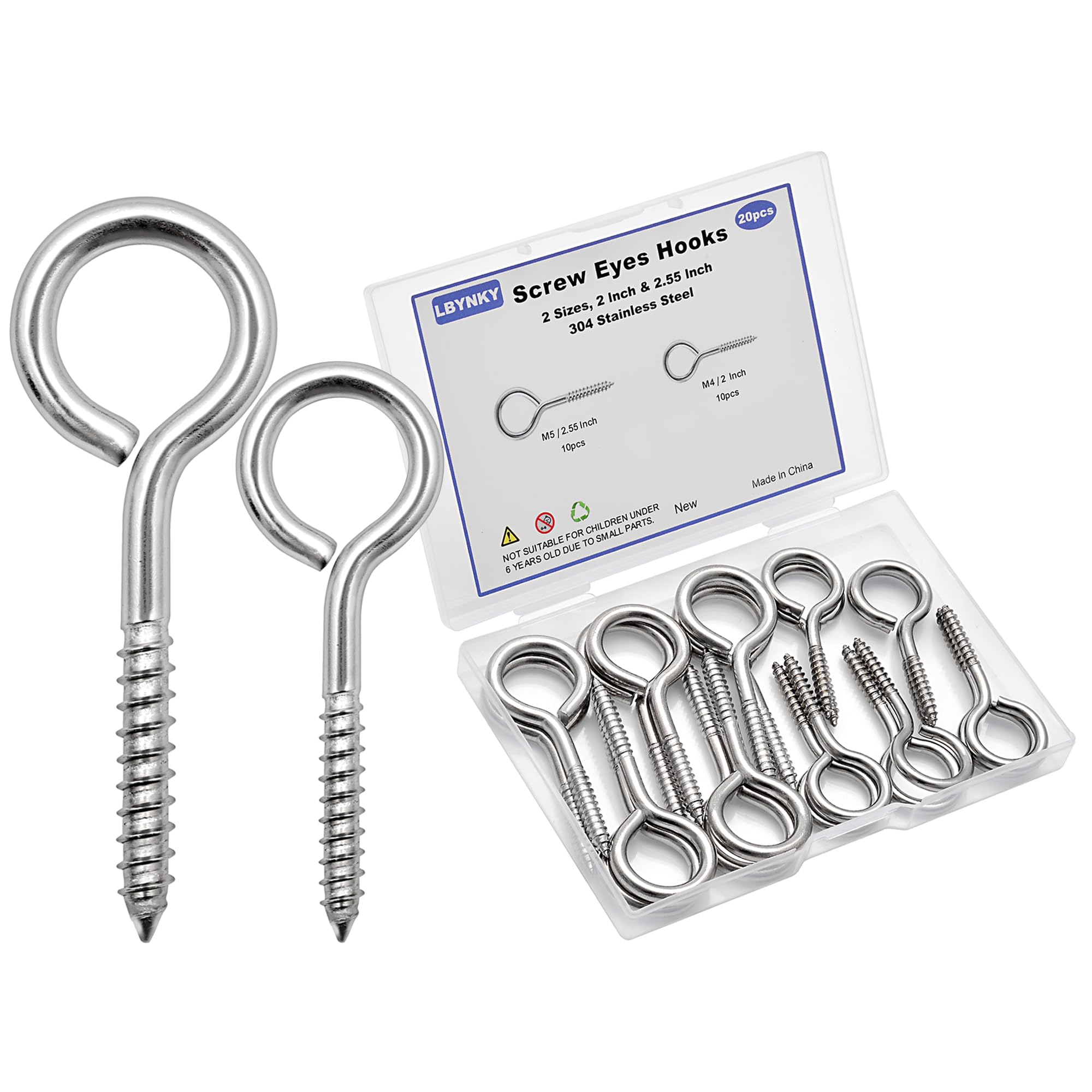 LBYNKY 20 PCS Eye Screws 2.55 Inch & 2 Inch 304 Stainless Steel Eye Hooks Screw, Heavy Duty Screw Eyes for Wood, Eye Bolt for Hanging Secure Cable