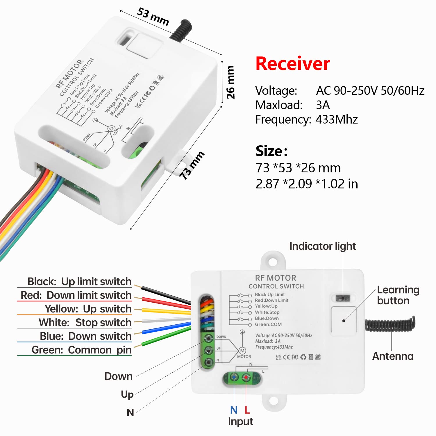 DieseRC Interruptor del Mando a distancia de Motor Persiana Inalámbrico Controlador de Receptor Relé de CA 220V 3A con 2 Transmisores Compatible con Interruptor Manual e Interruptor de Límite