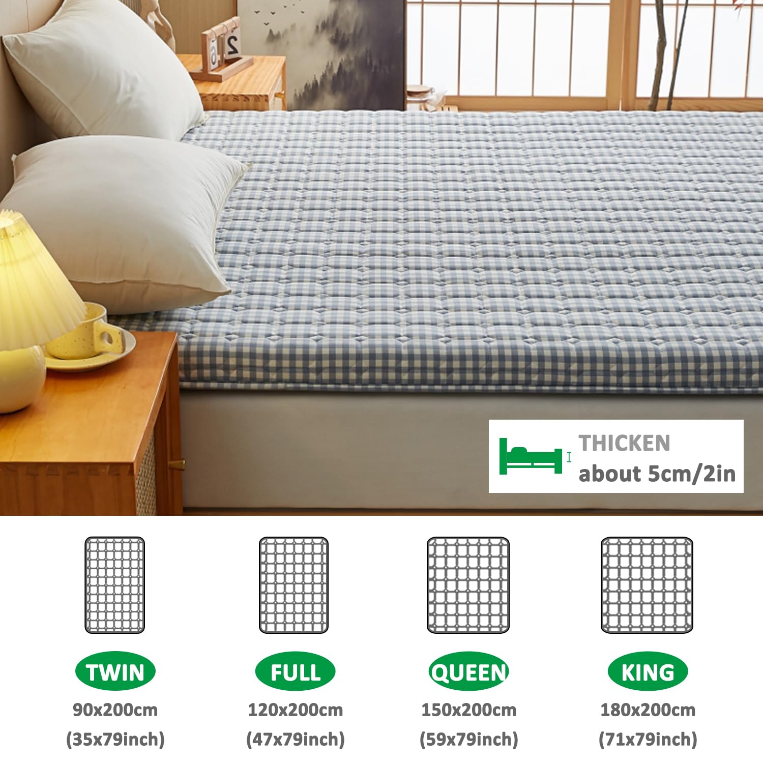 Surmatelas de sol japonais en coton lavé jacquard antidérapant pour dortoir d'étudiant - Tapis pliable - Bleu - 90 x 190 cm - Lit double - 5 cm d'épaisseur - Coton lavé de qualité supérieure - Tapis