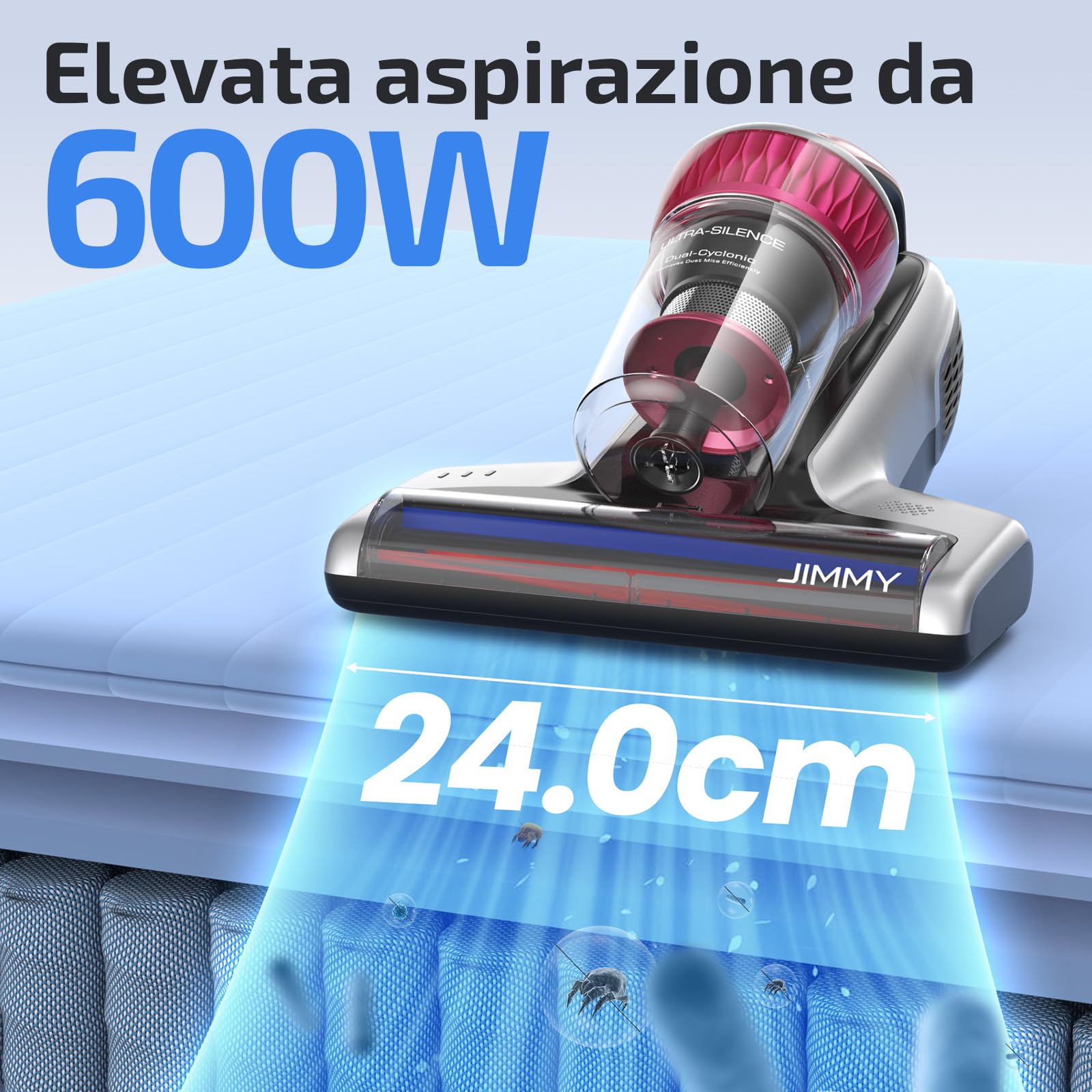 Jimmy WB73 Aspiratore Battimaterasso Antiacaro, Potenza 600W,Aspirapolvere Materassi con Sterilizzazione UV, Sensore per Acari Della Polvere, Filtro HEPA, Sistema di Filtrazione Dual-Cyclonic
