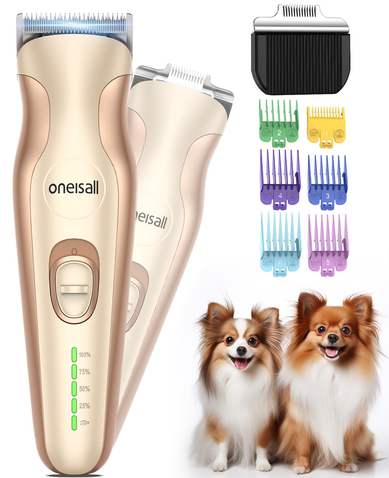 oneisall 2 en 1 Silencioso cortapelos perros Set, cortapelo de perros profesional, recargable con 2 cabezales de corte multifuncionales para cuerpo, patas, ojos, orejas y cara.
