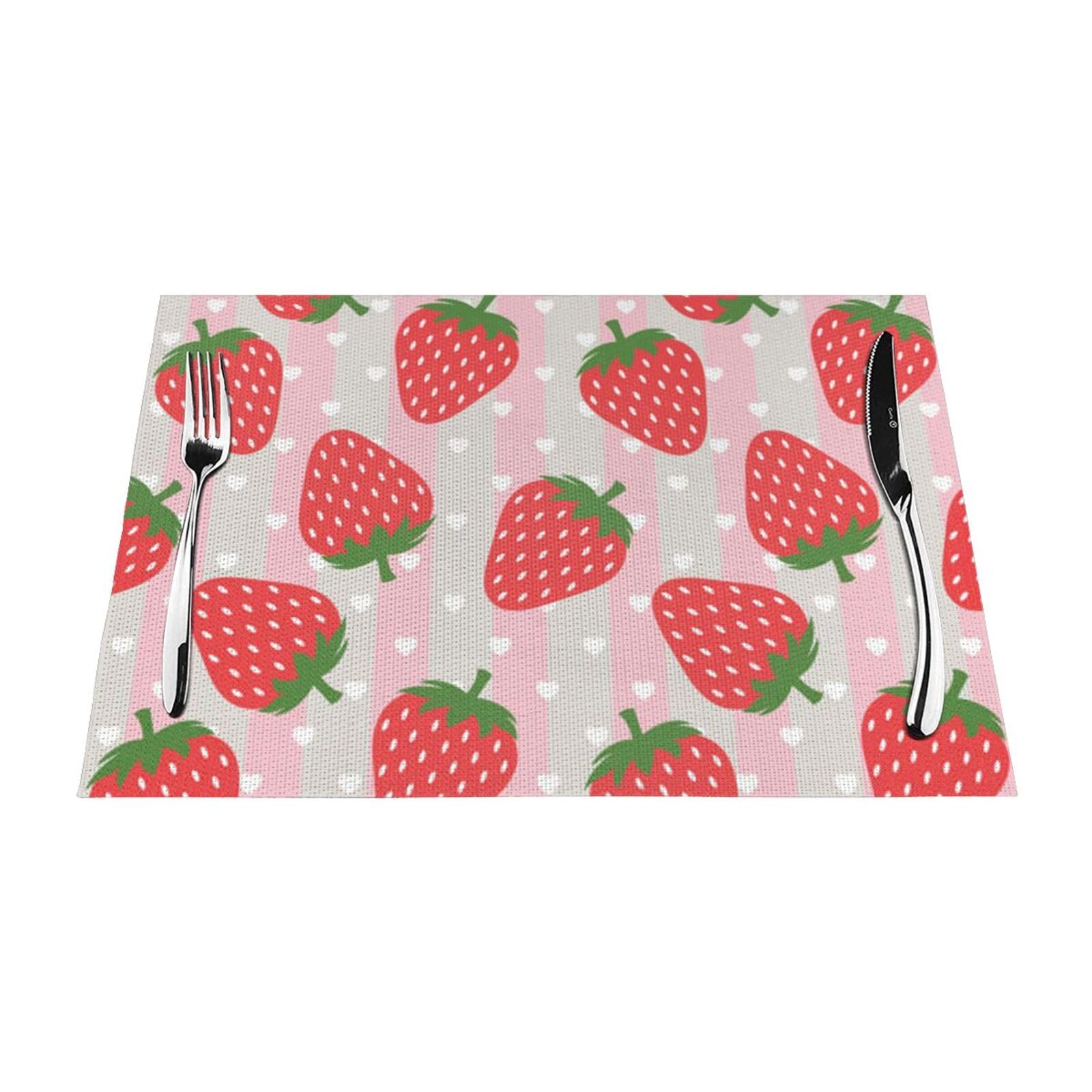PVC Placemat Set of 4 PCS, 45x30 CM, Pink Strawberry Printed Non-Slip Heat Resistant Place Mats for Kitchen Dining Table Indoor Outdoor