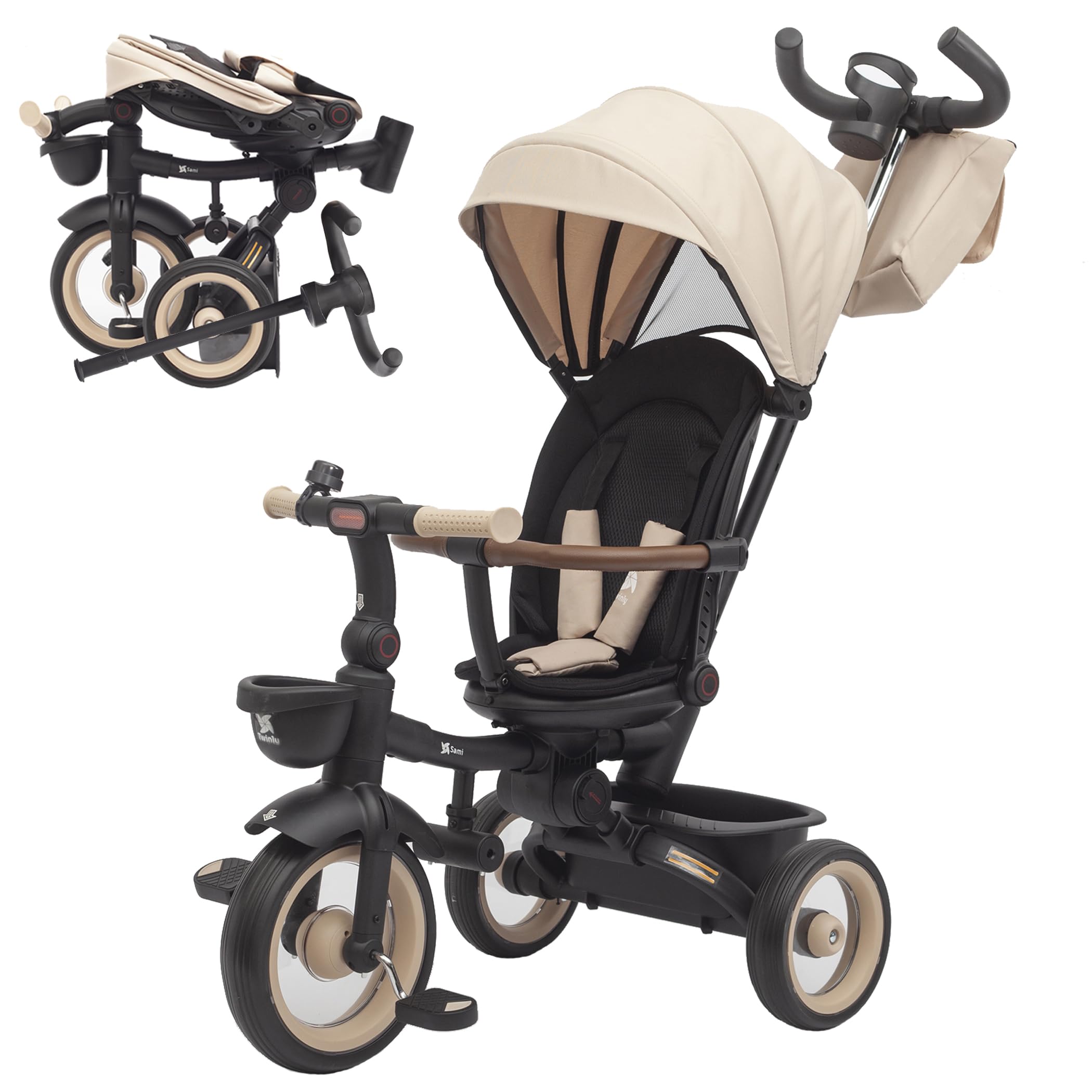 Twinly Sami Toddler Trike with Reversible Reclining Seat | Foldable Tricycle for 1–5 Years with Parent Handle, Canopy & Safety Harness, Beige