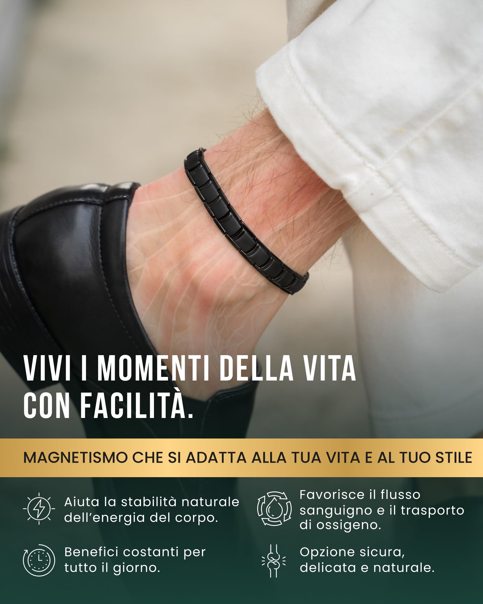 MagnetRX® Cavigliera Magnetica Terapeutica ad Alta Potenza in Titanio per Uomo – Regolabile con 50 Magneti Terapeutici (Nero)