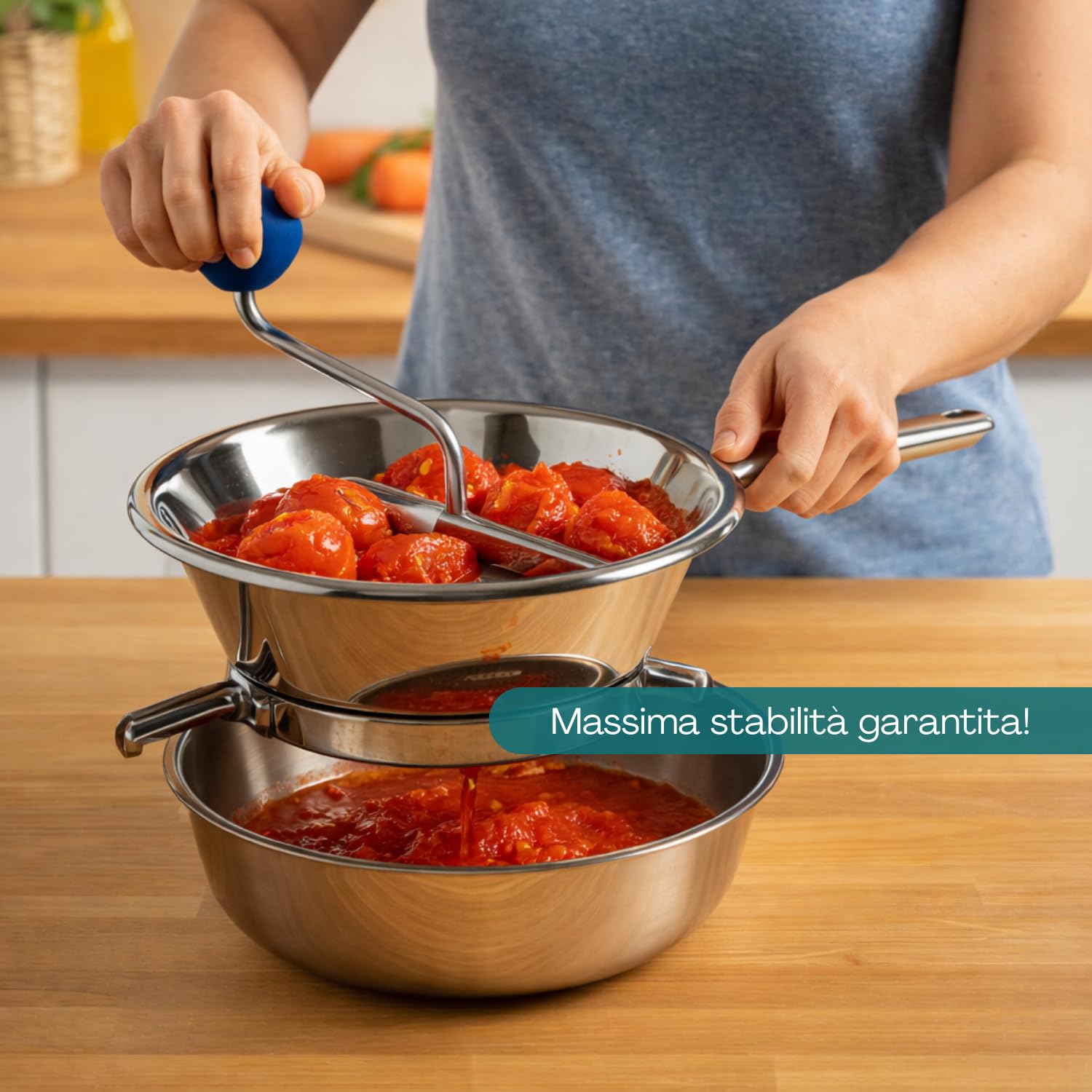 Virsus Passatutto in acciaio inox 18/10, DIAMETRO 24cm, 3 Dischi in dotazione, passaverdure manuale antiruggine per schiacciare patate, verdure, legumi, zuppe, salse, pomodori, Made in Italy