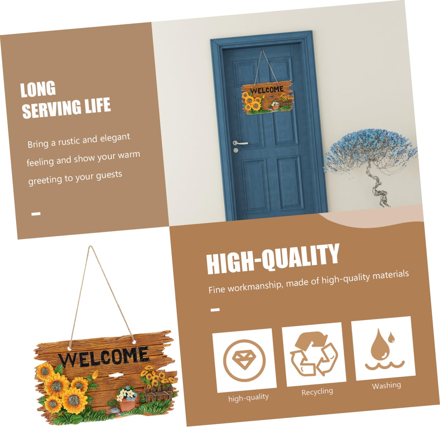 Großes Rustikales Resin Türschild mit Holzmaserung Hängendes Willkommen Schild für Haustür Garten Wohnzimmer Dekoratives Hofstil Accessoire für Weihnachten und Einzug