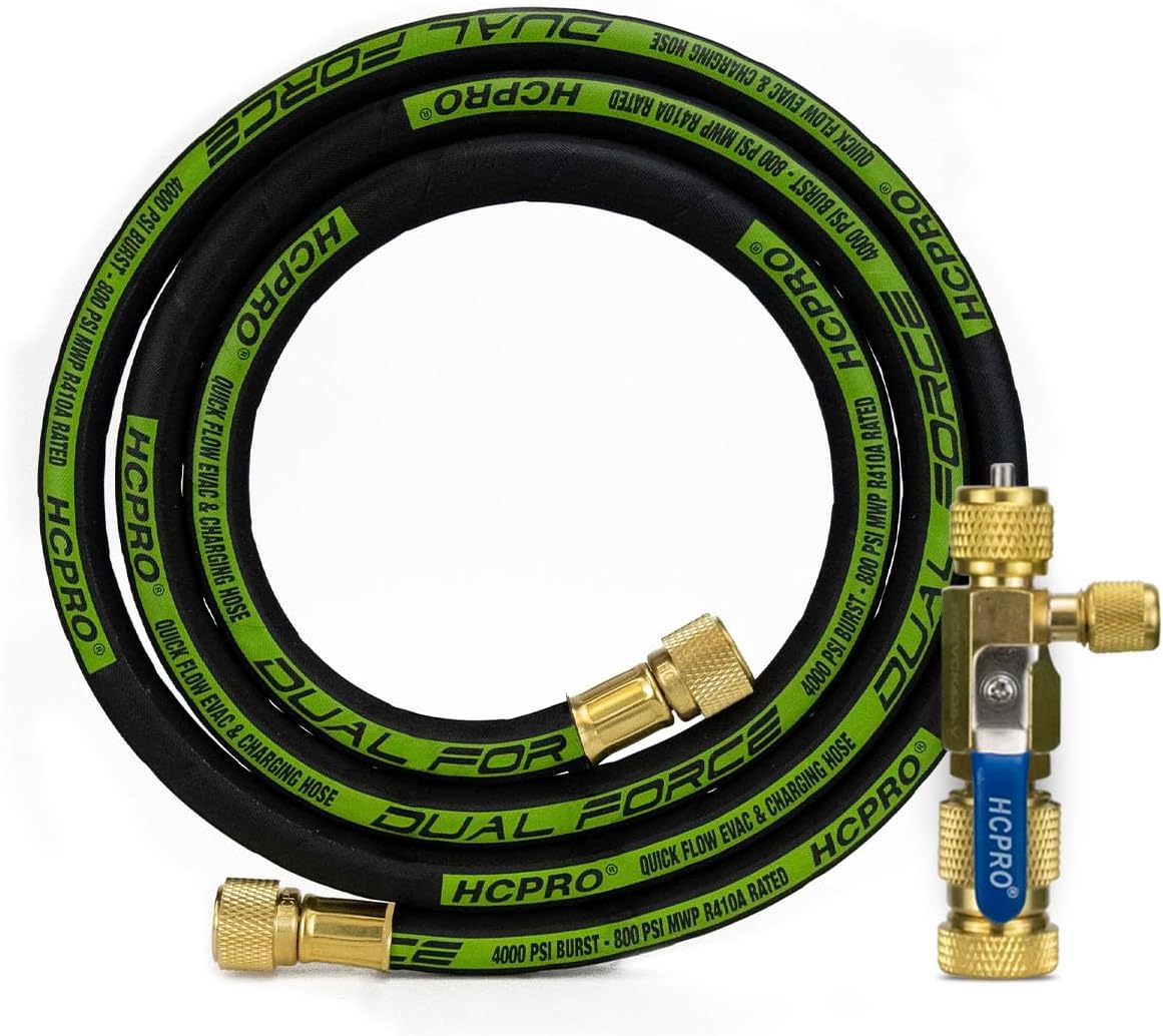 HCPRO Dual Force Evacuation Kit 3/8" 6' ft Hose with Vacuum Rated Valve Core Removal Tool 1/4” Female x 3/8” Male and 1/4” Side Port