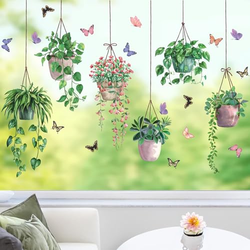 ANHUIB Fensterbilder Frühling,Fensteraufkleber Grüne Pflanzen,Hängende...