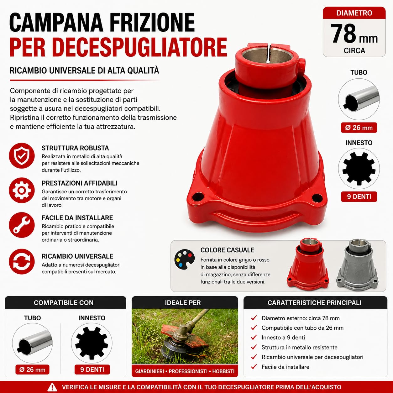 Campana Frizione per Decespugliatore Ø78mm | Tubo Ø26mm | Innesto 9 Denti | Ricambio Universale Compatibile con Vari Modelli | Colore Grigio o Rosso in Base alla Disponibilità