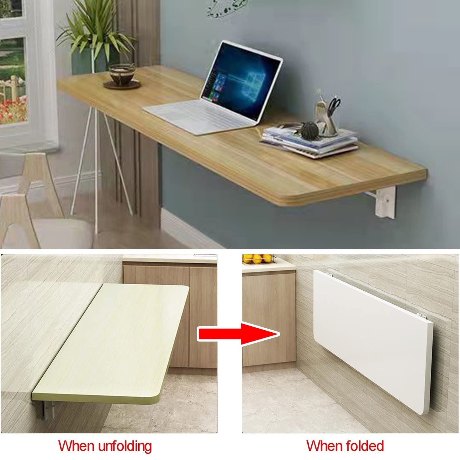 GHHVFEC Opklapbaar bureau aan de muur - inklapbare murphy-tafel voor laptop, studeerkamer, eetkamer, thuiskantoor - ruimtebesparende zwevende werkbank in teakhouten afwerking (60 x 30 cm