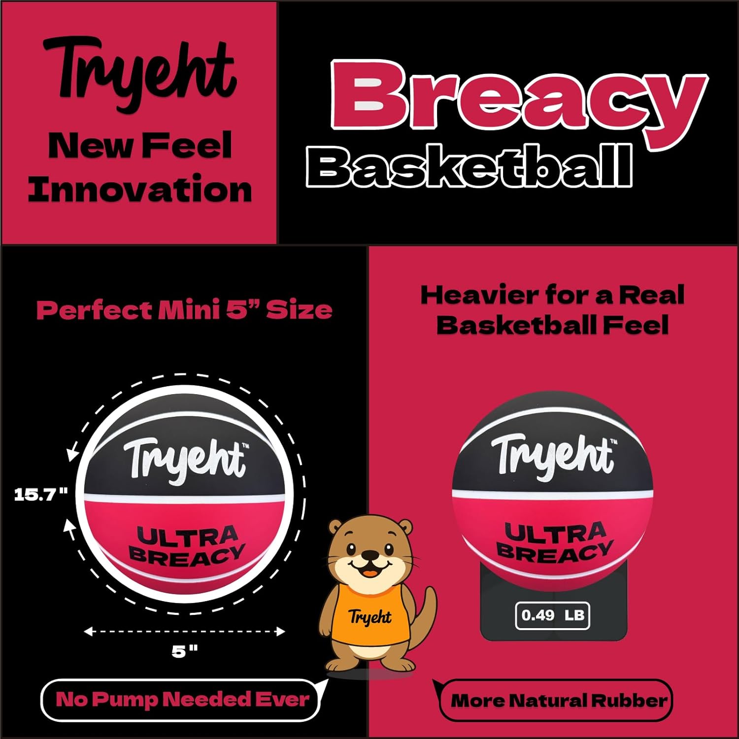 Mini Basketball, 5-Inch Self-Inflating Rubber Breacy Ball – No Pump Needed, High-Bounce for Indoor Mini Hoop & Outdoor Play, (Black and Red)