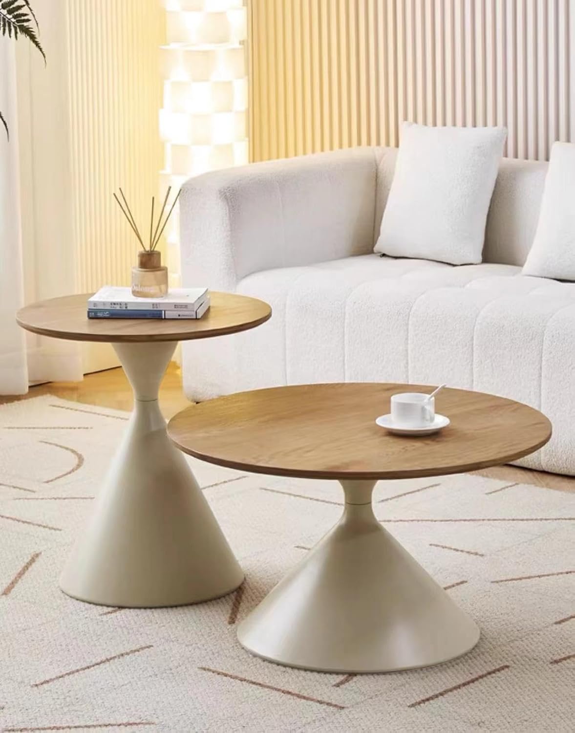 Round Coffee Table Nesting End Table Set of 2, Modern Side Table Wood Tabletop with Cone Carbon Steel Base, Circle Accent Tables for Living Room Bedroom Balcony Office, White&Natural