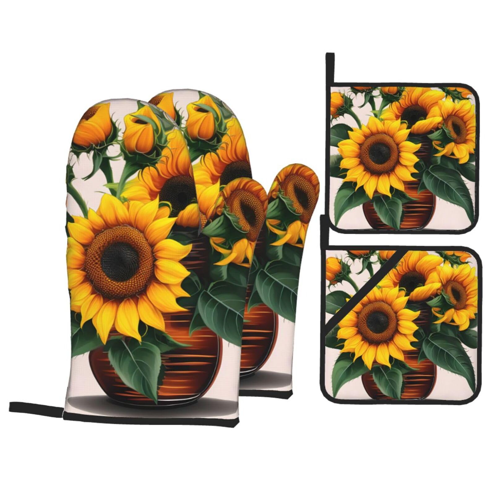 Nimongt Black Sunflower And Rose Print Heat-Resistant 4-Piece Oven Kitchen Gloves For Baking Cooking Microwaving Essentials