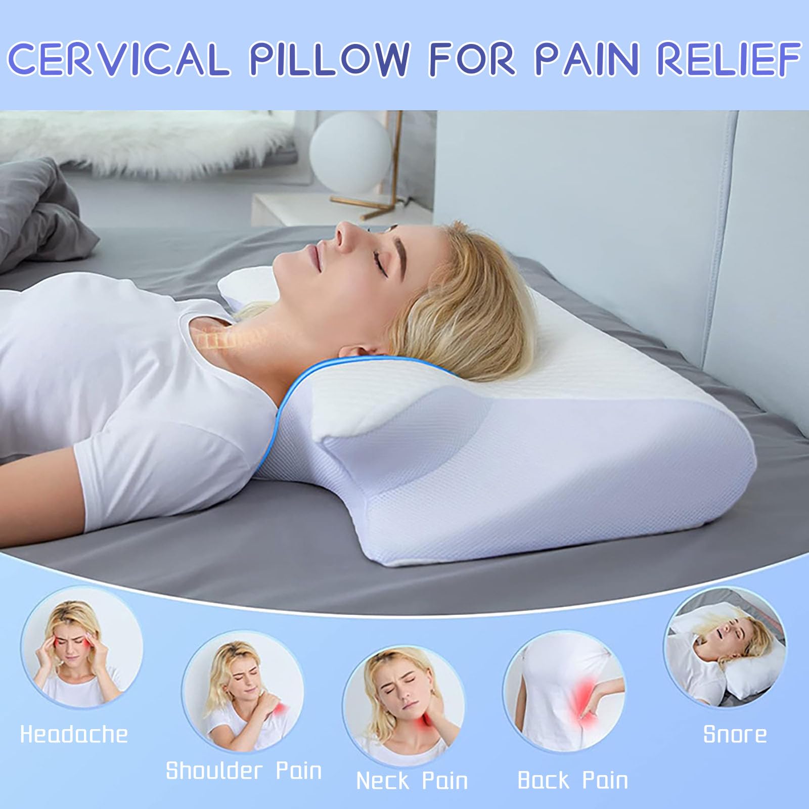 Pillow Daddy Schlafkissen, Kissen für Nackenschmerzen Memory Foam Nackenkissen, Ergonomisches Anti Schnarch Kissen für Rücken, Bauchschläfer, Atmungsaktiv Waschbar, Inklusive 2 Bezüge (Grau)