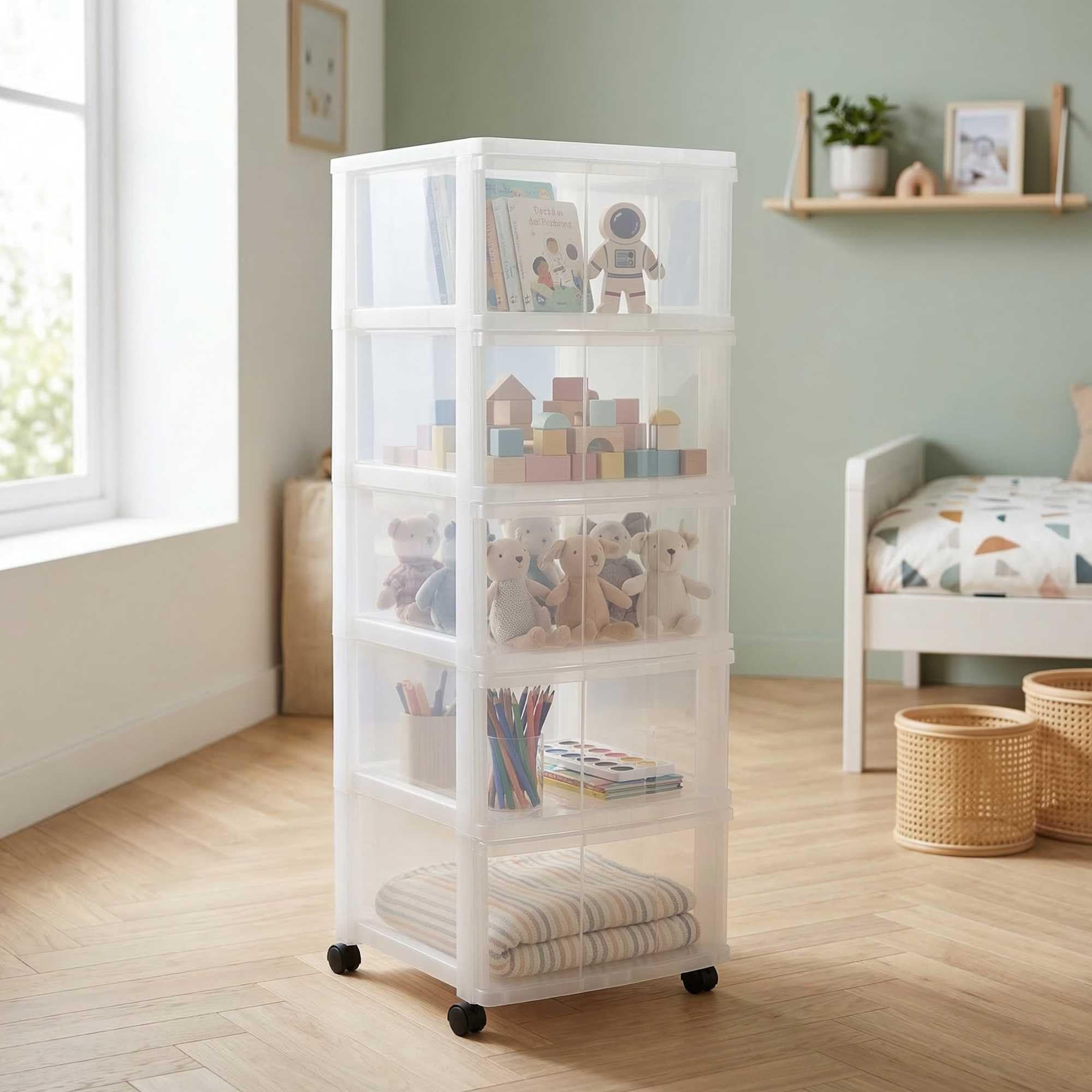 SUNDIS Modulo, tour de rangement plastique, 5 grands tiroirs, roues | Hauteur 104 cm, idéale rangement bureau, cours, documents, fournitures, accessoires