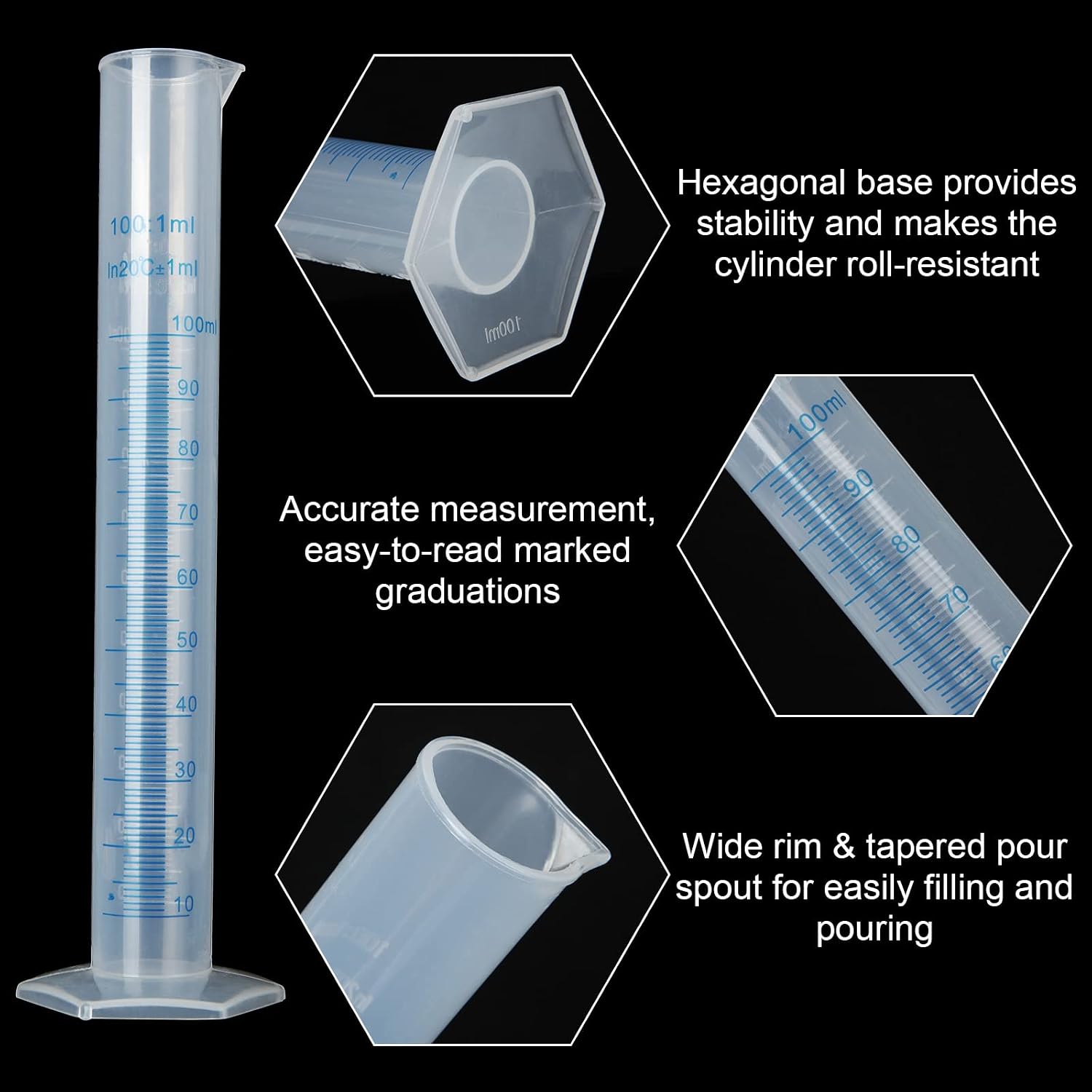 10Pack 100ml Plastic Graduated Cylinder, Transparent Measuring Cylinder Lab Test Tube Flask, 2 Sided Measuring Lines Graduated Cylinder Beaker for Science Lab Project, Pour Spout & Hexagonal Base