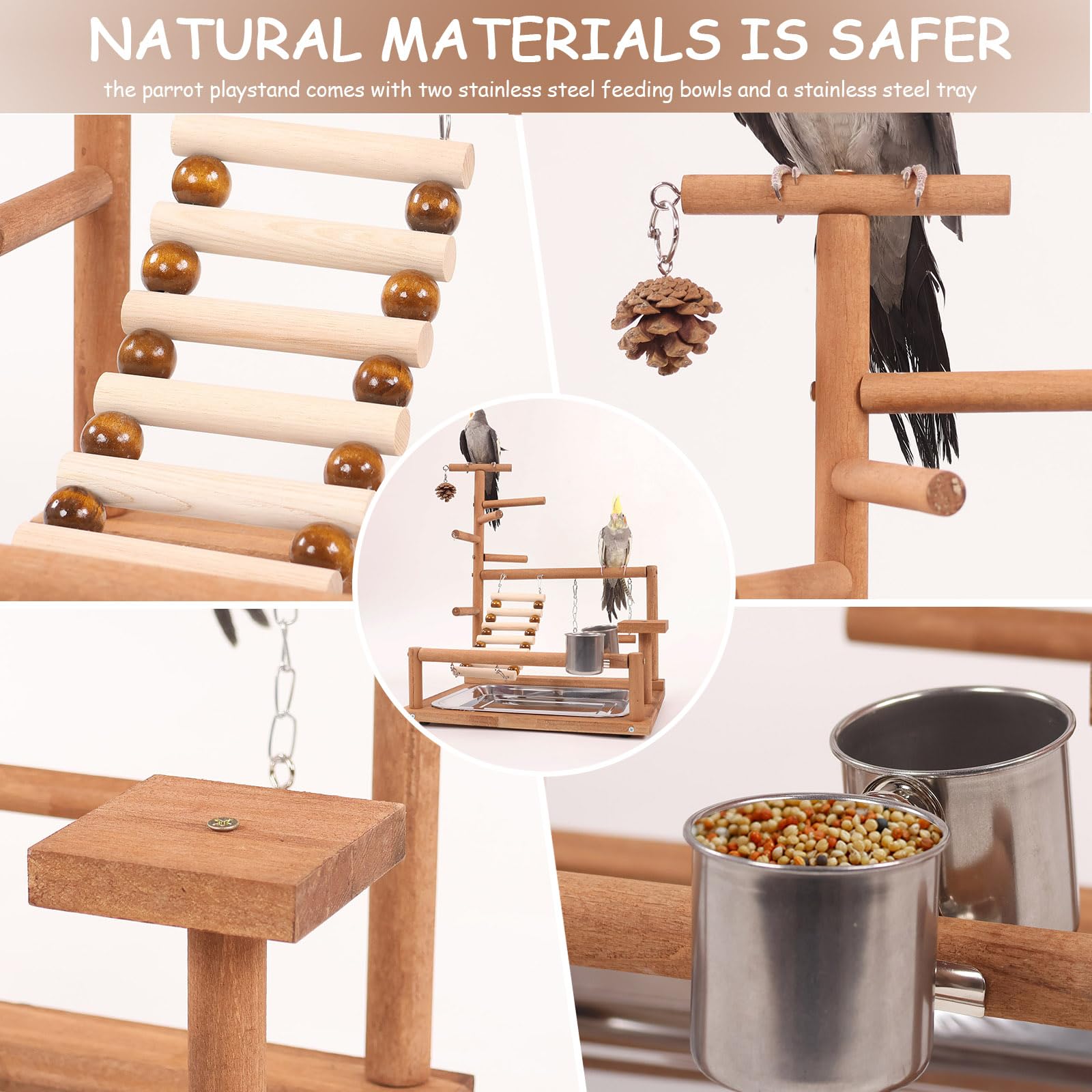 Aves Juego Stand - Bird Playground Puesto de Madera para Loros Aves Stand con Percha Escalera Columpio Comedero Bandeja y Juguetes de Gimnasio de Ejercicios para Pájaros Pequeños y Medianos