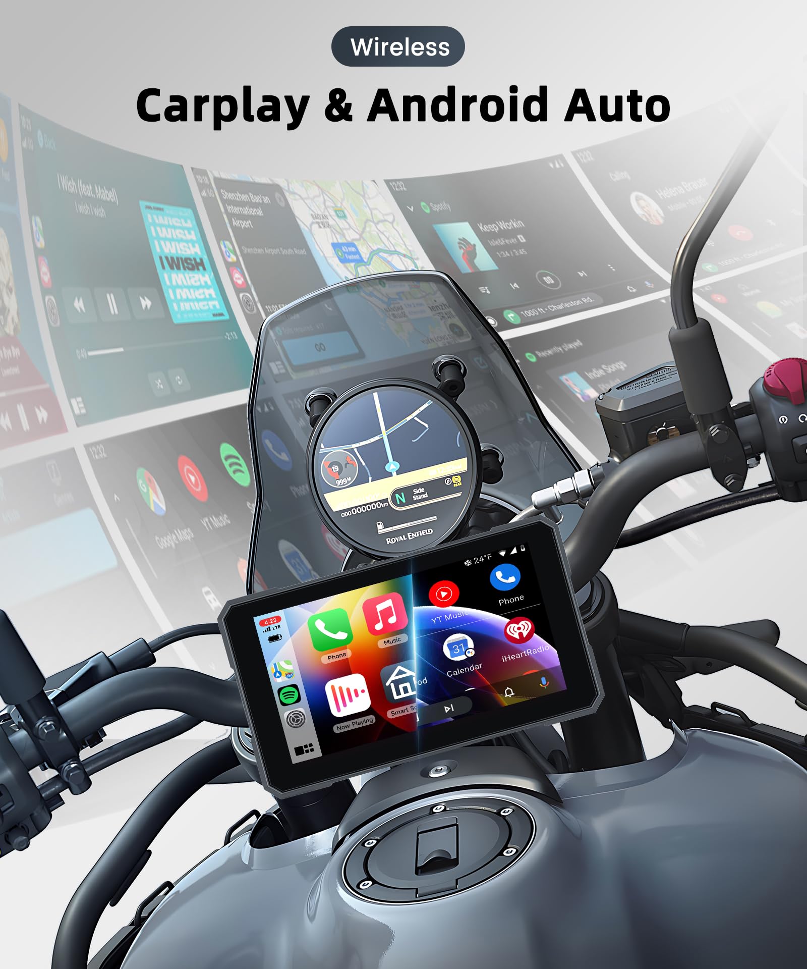 CarPlay Wireless per moto 5 pollici IPS Touchscreen Wireless Android Auto, touch screen impermeabile portatile Car Play, GPS CarPlay per moto, controllo vocale di sicurezza, controllo della pressione