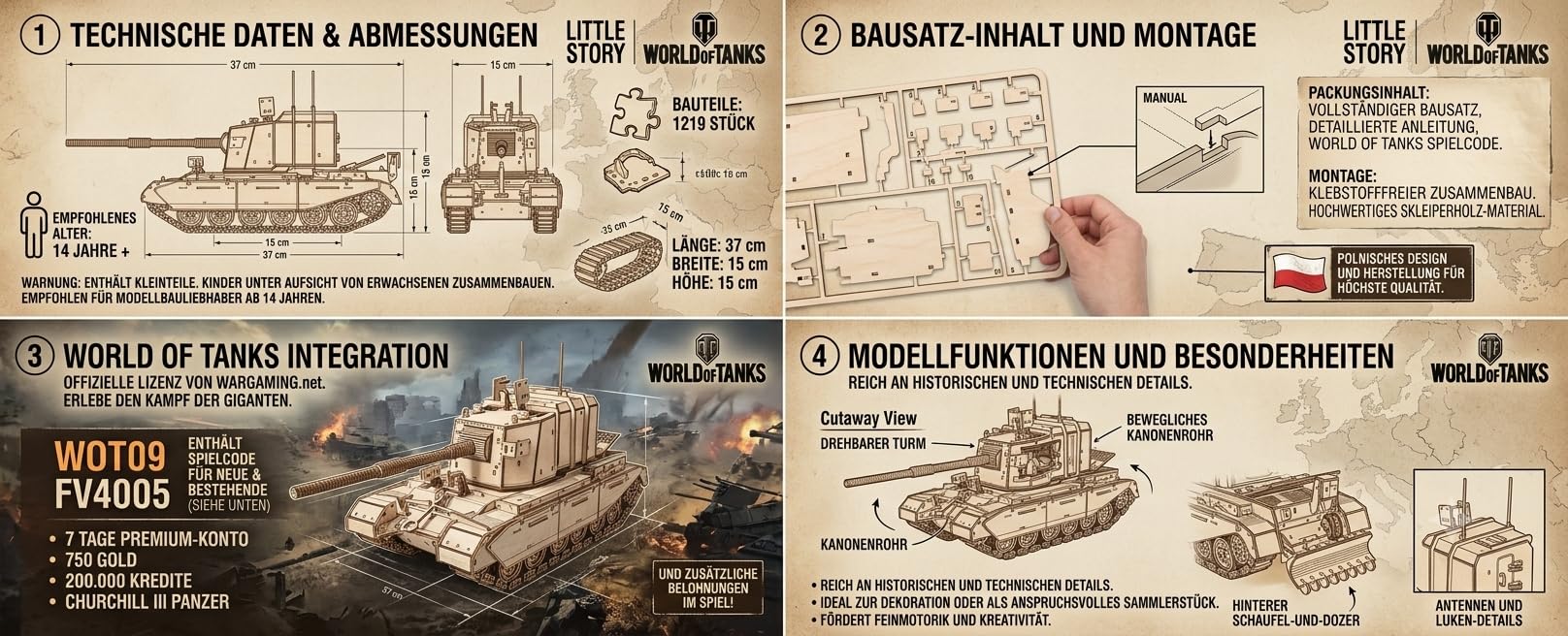 little story World of Tanks Panzer 3D Holzmodell – Panzerkampfwagen Offizielles Lizenzmodell zum Zusammenbauen - DYI Kriegsmaschine Lernspielzeug Bausatz für Kinder Holz Kampfpanzer 3D-Puzzle (FV4005)