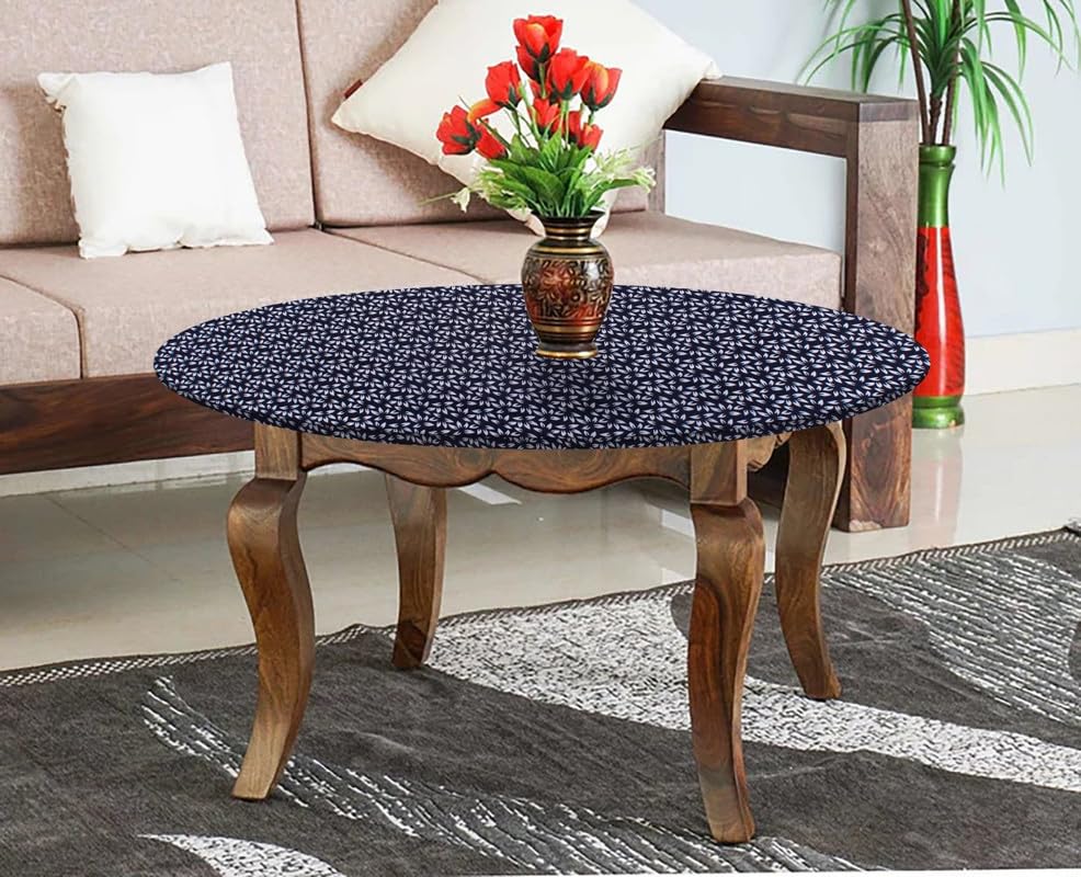 Image of The Furnishing Tree Round Elastic Fitted Center Tpoy Table Cover WxL 24x24 Inches Leaf Pattern Blue