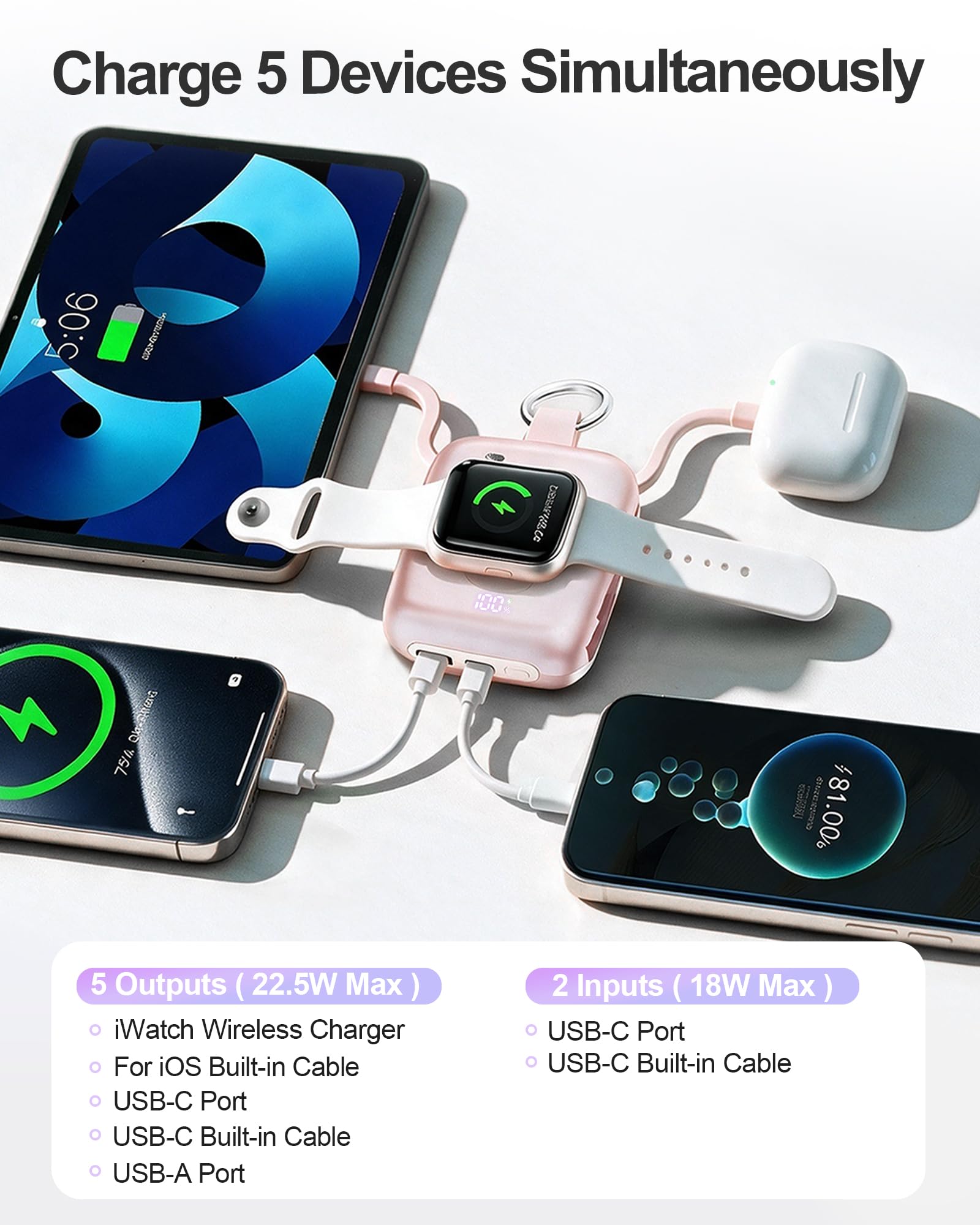 Chargeur portable, 10 000 mAh, 22,5 W maximum, charge rapide avec câbles intégrés, porte-clés de voyage pour iPhone 17/16/15/14/13/12 et iWatch Ultra/11/10/9/8/7/6/5, rose