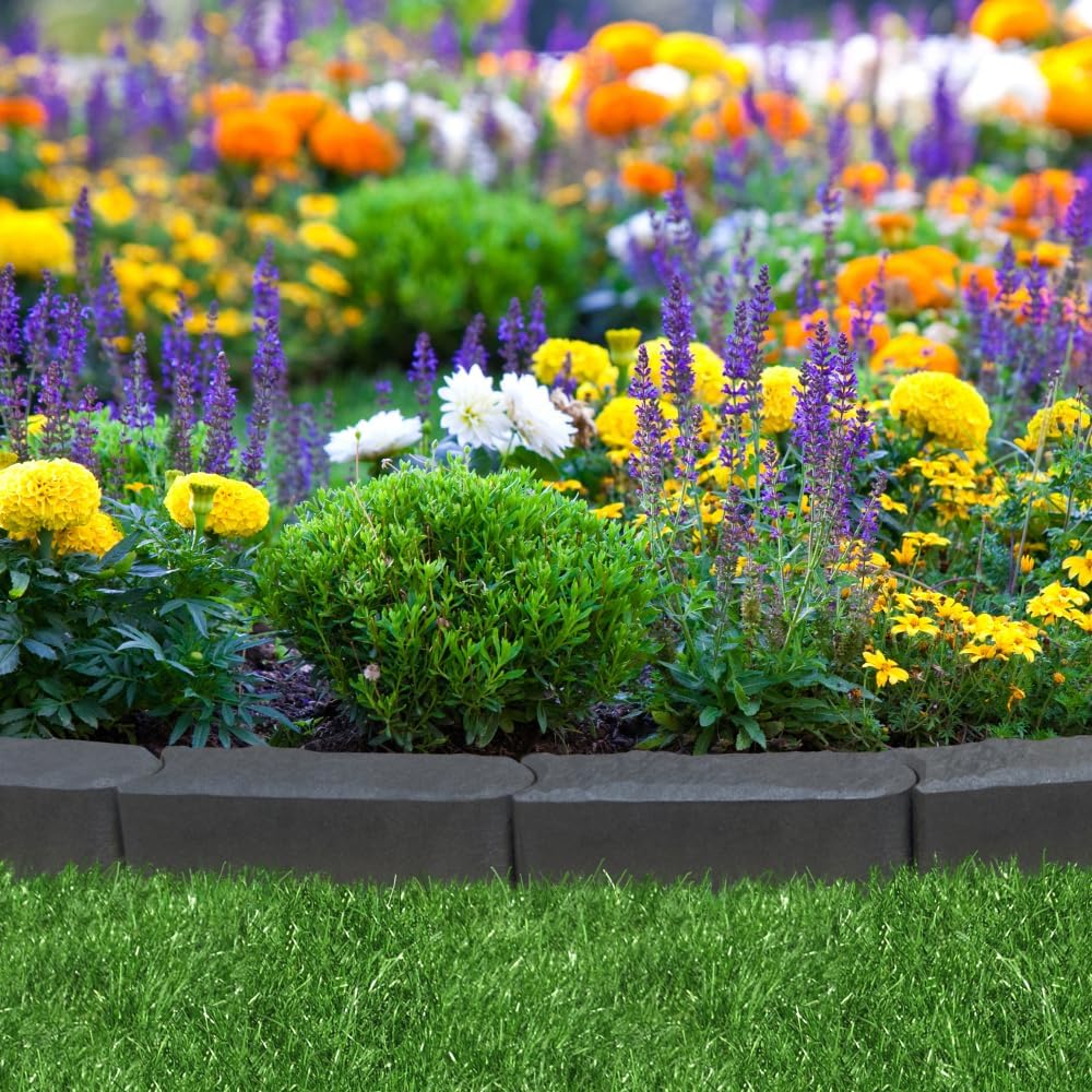 TierraVerde 12-Pack 12”x4” Stomp Rubber Edge Stone, Grey – Faux Landscape Border Decor for Patios, Paths, Play Areas & Gardening – DIY No-Dig Edging Block for Outdoor Decorative Projects