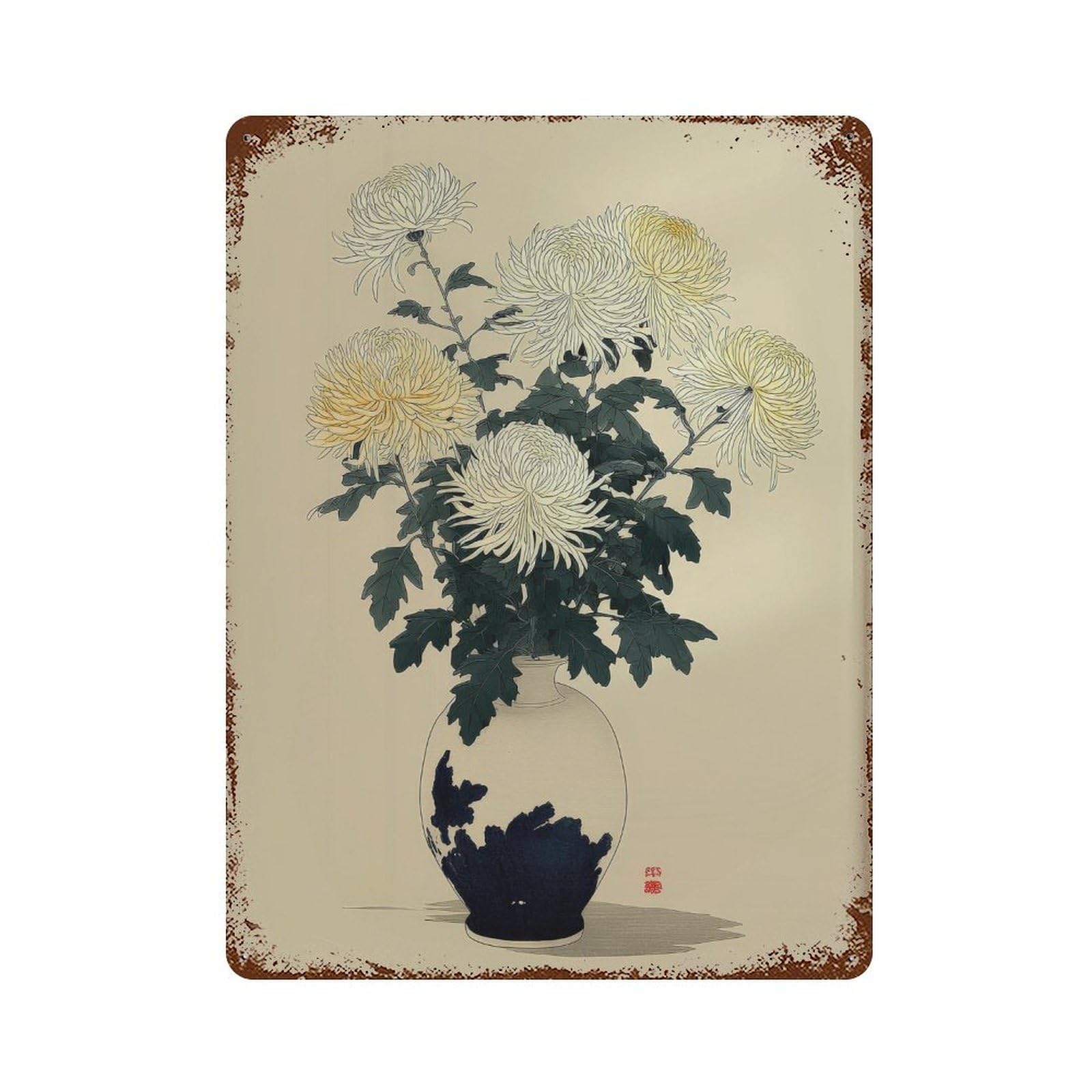 xiaoxiaoshen Chrysanthemum Flowers. Traditional Japanese Botanical Wall Decor Art Metal Tin Poster Modern Home Decor Art Home Bar Shop Decorations Vintage Sign 40x30cm